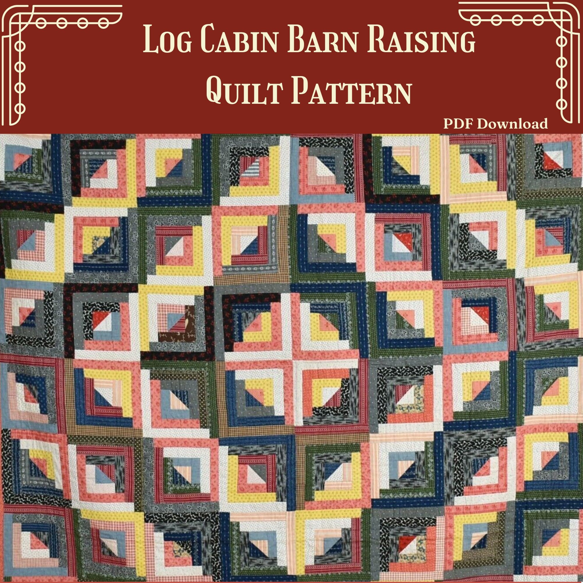 Modello trapunta Log Cabin, modello trapunta Barn, modello trapunta Fat Quarter, download digitale PDF, modello trapunta facile, modello trapunta per