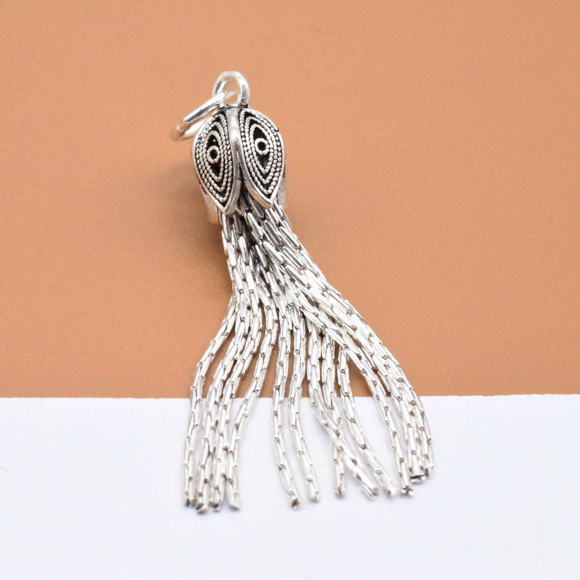Ciondolo a nappa in argento sterling, ciondolo a nappa con catena di bambù, ciondolo a nappa in argento 925, ciondolo a nappa a pavone, nappa a fiore,