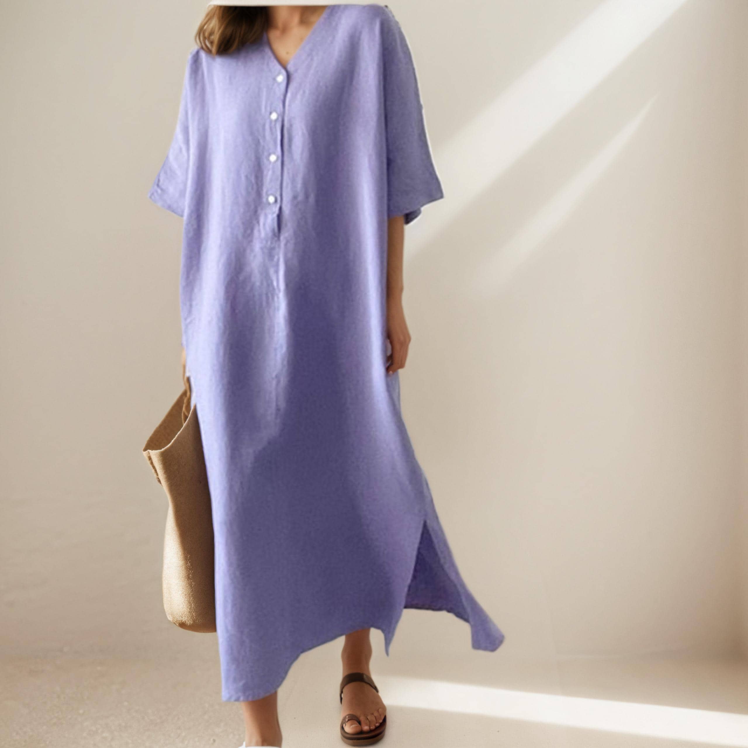 Abito caftano in lino da donna - Abito lungo estivo ampio con scollo a V e tasche, vestaglia minimalista in cotone boho, tunica naturale a maniche cor