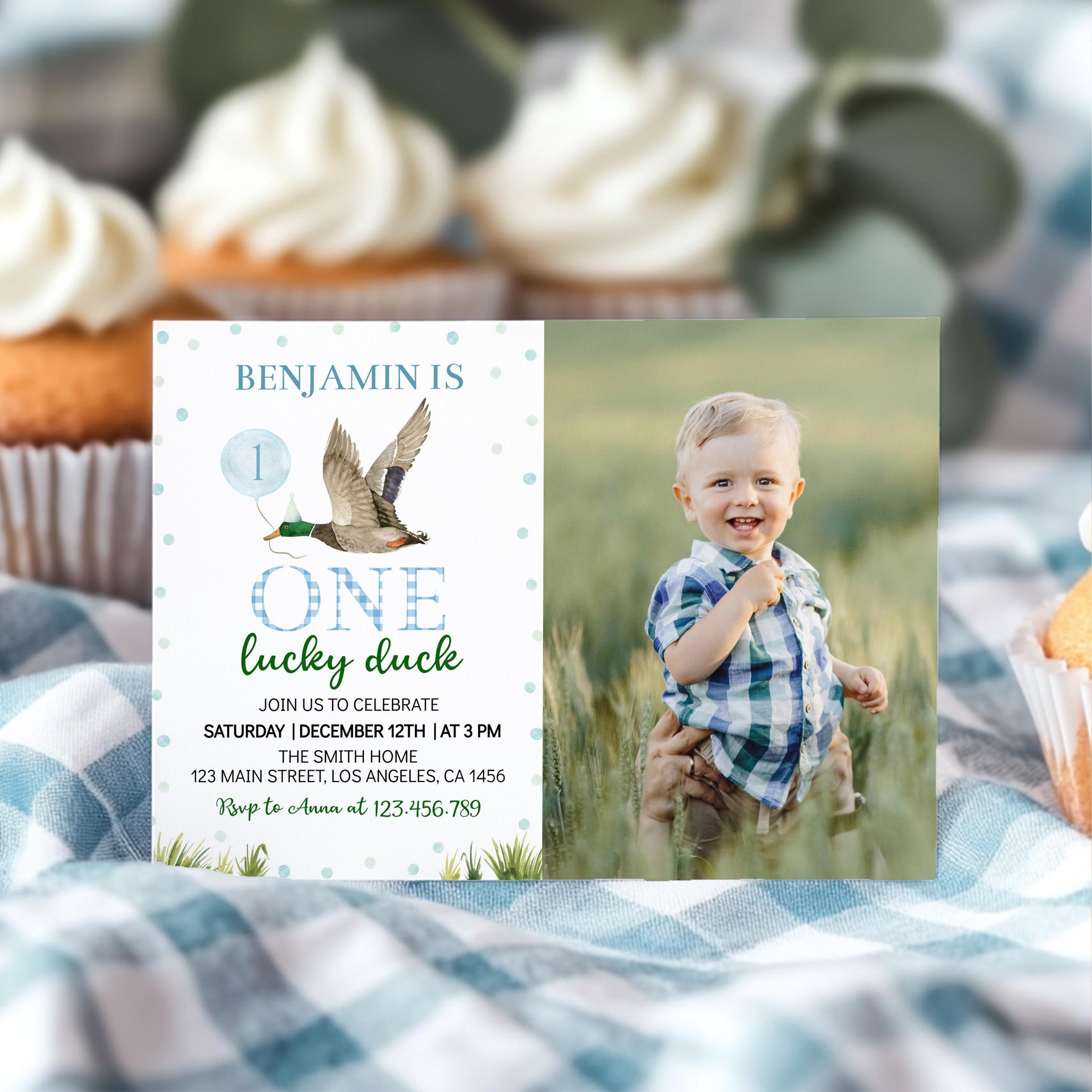 "Invito di compleanno \"One Lucky Duck\" MODIFICABILE, invito fotografico per il primo compleanno di un bambino, invito \"Lucky Duck\", biglietto di comple"