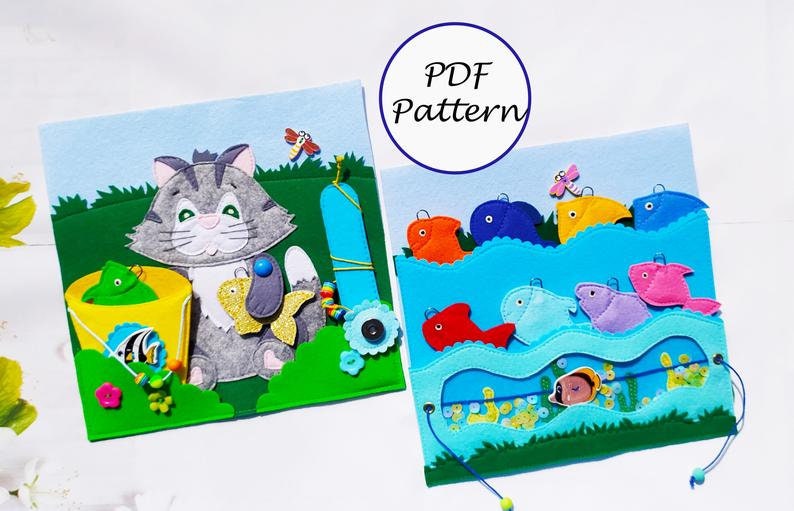 Libro tattile con gatti e pesci in PDF: modello e tutorial, libro di attività in feltro per bambini, modello di libro tattile a tema pesca, idee per l