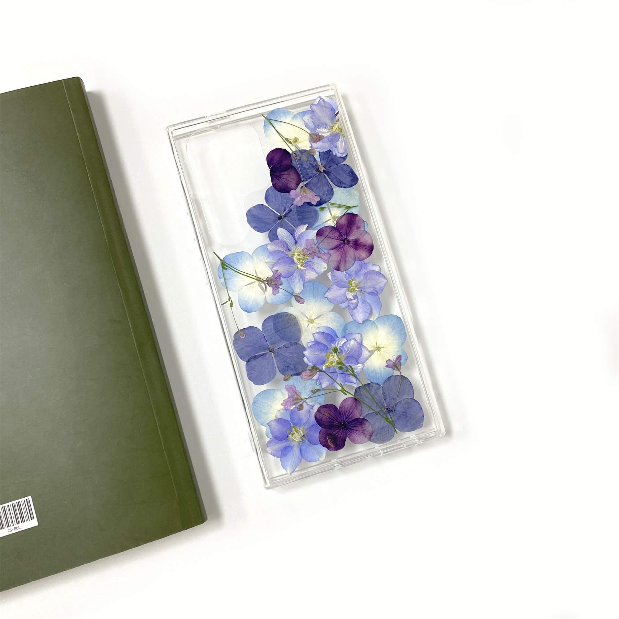 Cover per telefono con veri fiori blu e viola pressati per iPhone 17 16 15 14 Pro Max Air 16e 17e, Samsung S26 S25 Ultra A16, Google Pixel 9 10 Pro