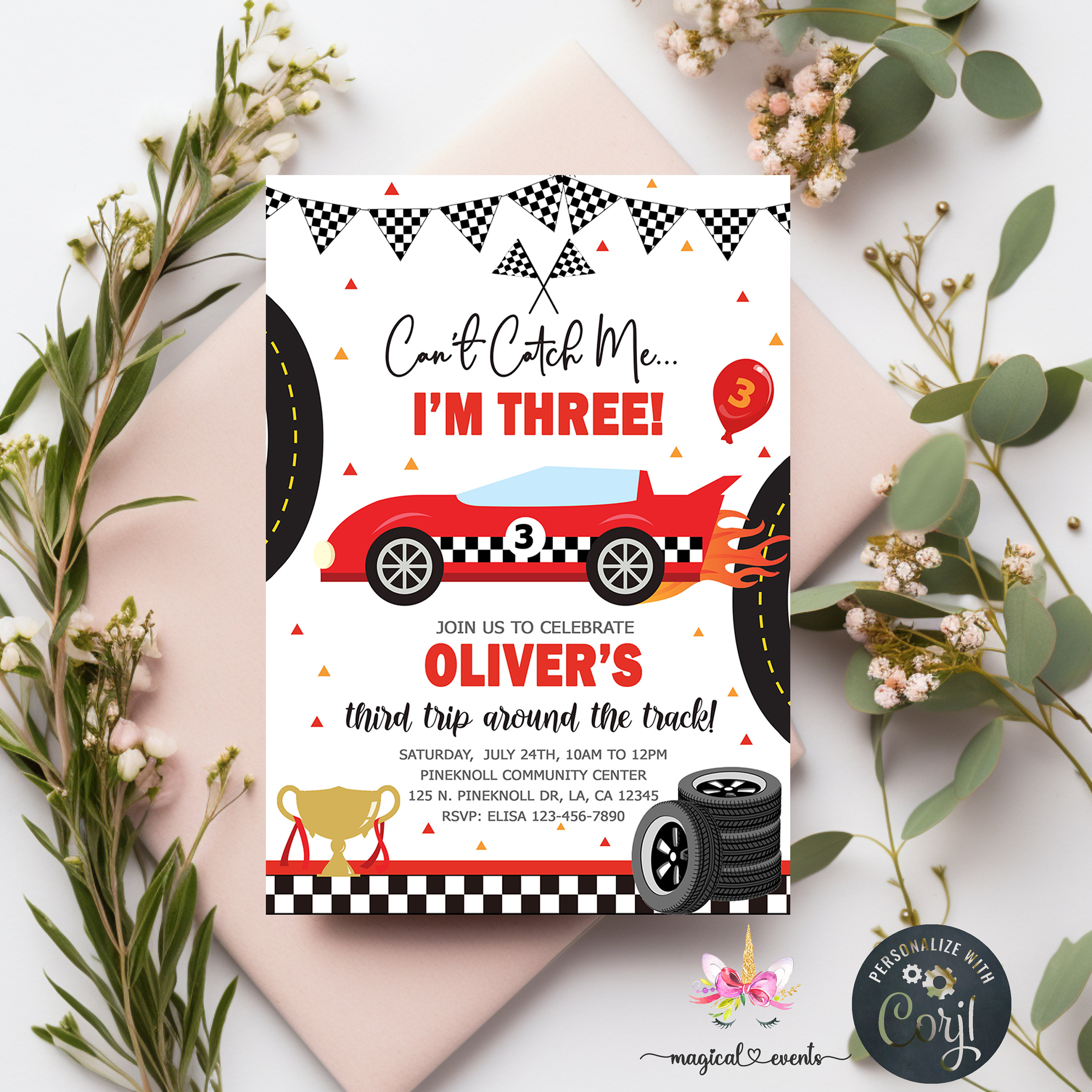 Invito di compleanno per ragazzo a tema auto da corsa, non riesci a prendermi, ho tre anni, invito per il terzo compleanno del ragazzo, invito di comp
