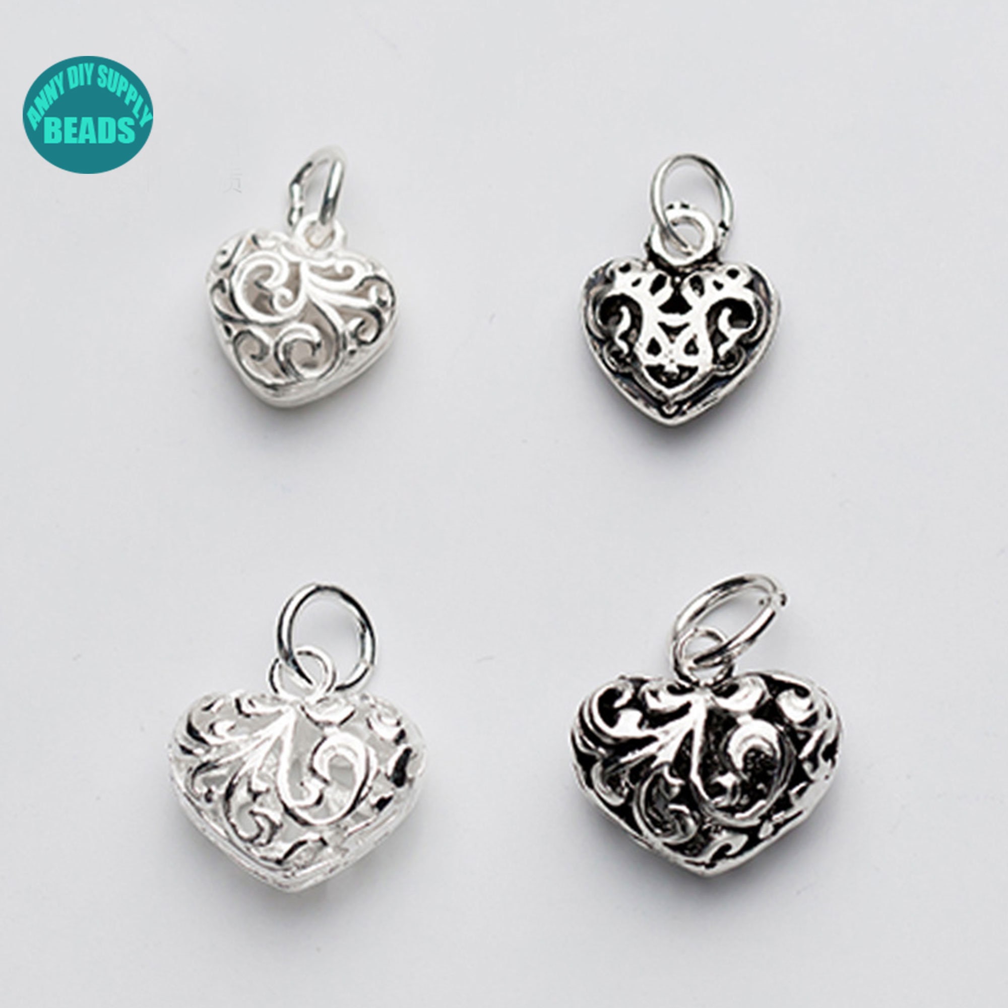 1/2/4/10/20 pezzi ciondolo a forma di cuore traforato in argento Sterling S925, ciondolo a forma di cuore piccolo, ciondolo a forma di cuore