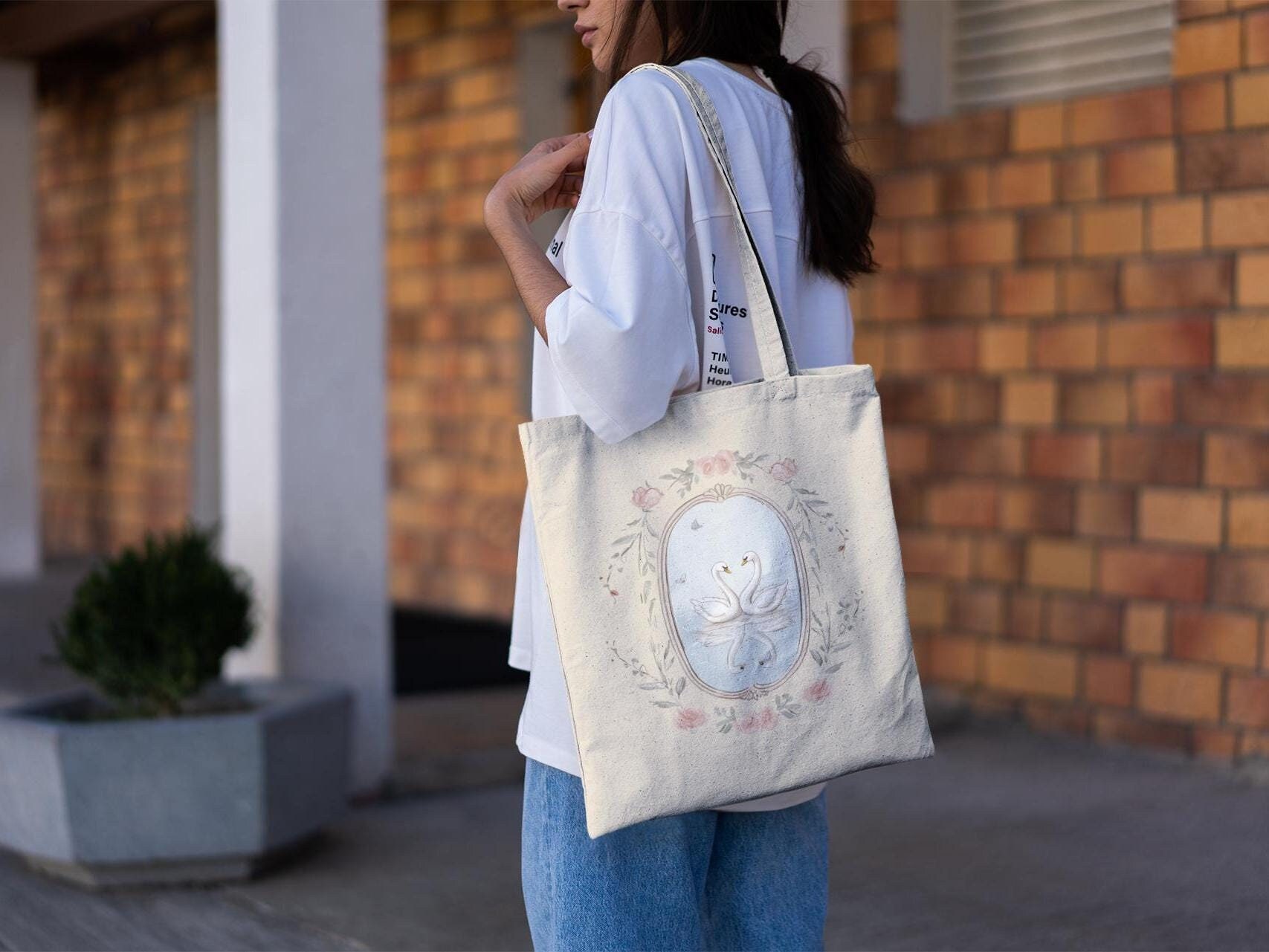 Borsa tote Coquette Swan - Borsa per libri, Borsa per la spesa, Carine borse tote, Borsa tote estetica, Borsa tote regalo, Borsa carina, Borsa riutili