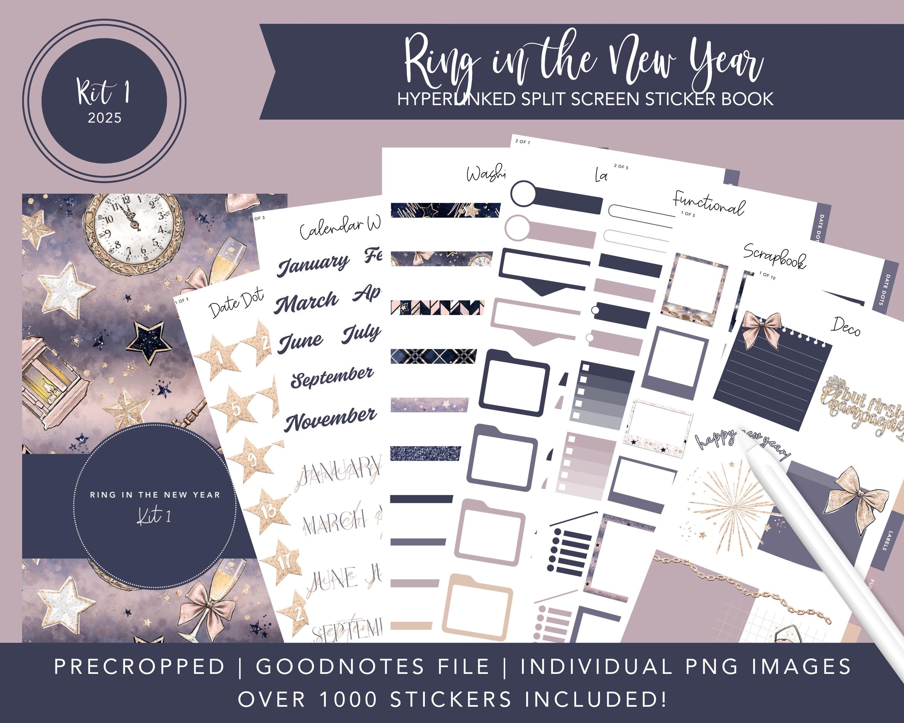 Kit 2025 1 Split Screen Sticker Book / Ring in the New Year / Adesivi di Capodanno / Oltre 1000 adesivi digitali / Pretagliati / Goodnotes