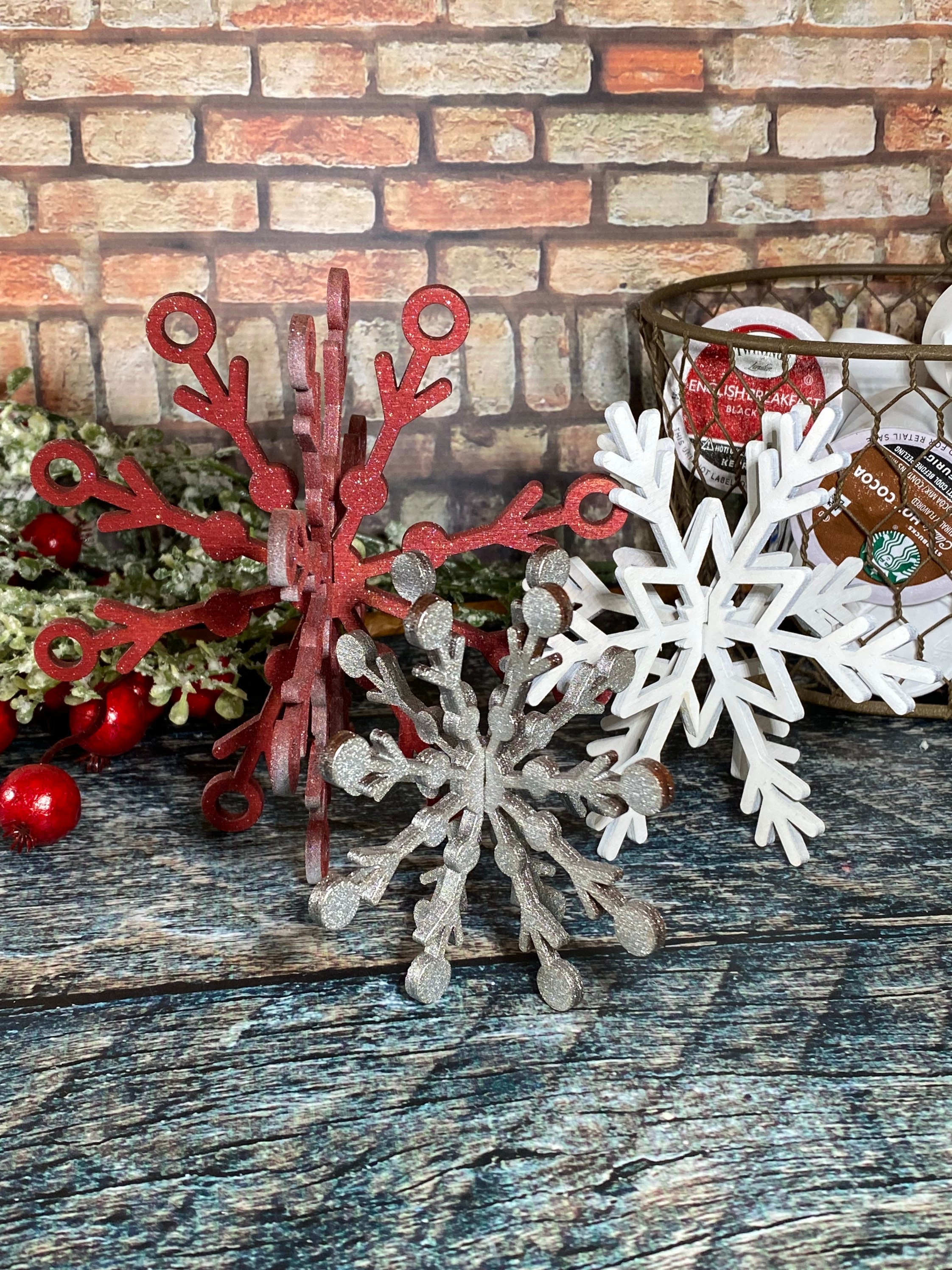 Set di 3 fiocchi di neve in legno, decorazioni natalizie, vassoio a più livelli natalizio, decorazioni invernali, vassoio a più livelli stagionale, va