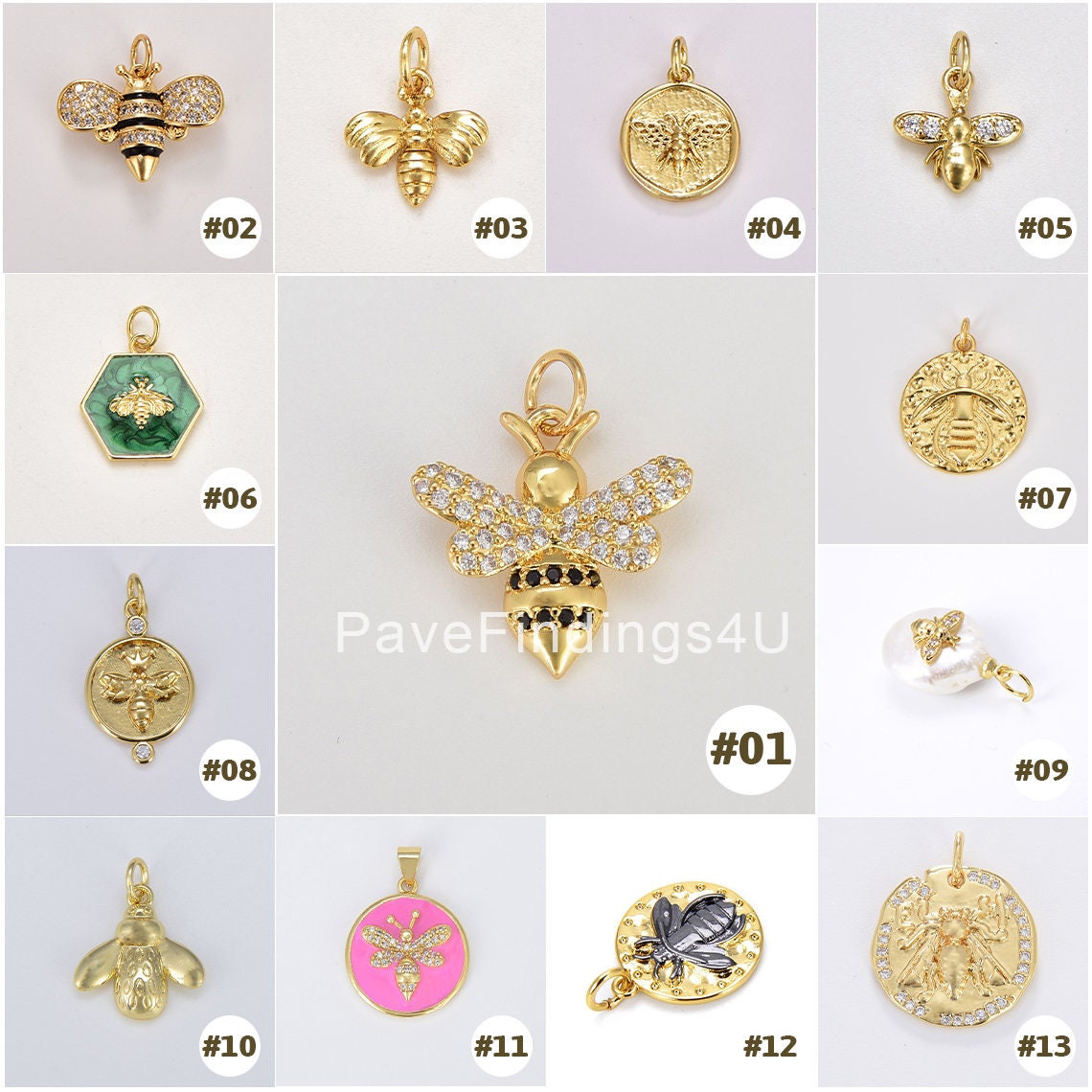 Ciondolo a forma di ape riempito in oro 18 carati, ciondolo a forma di ape in oro, ciondolo a forma di ape in zirconia cubica, ciondolo a forma di mos