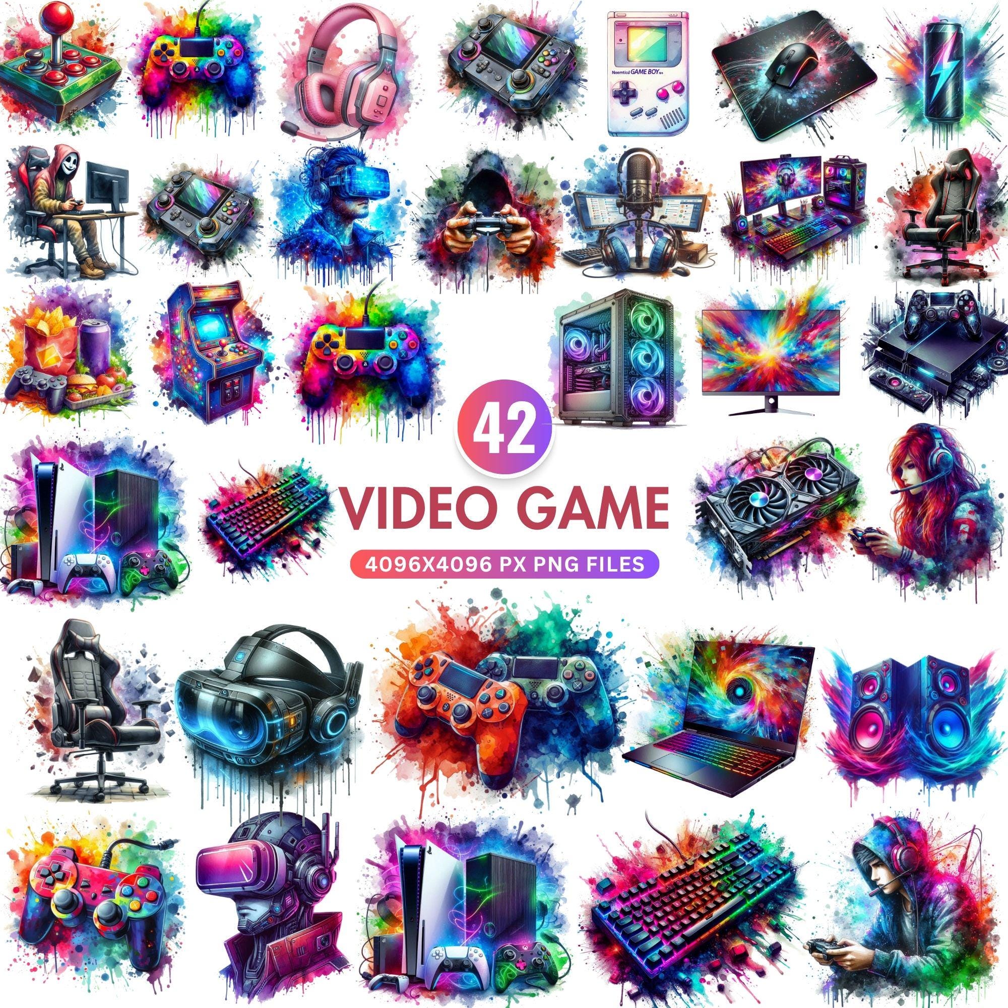 Clipart di videogiochi ad acquerello, PNG di controller per videogiochi, Clipart di videogiochi, Illustrazioni di giochi, Grafica per videogiochi, Dow