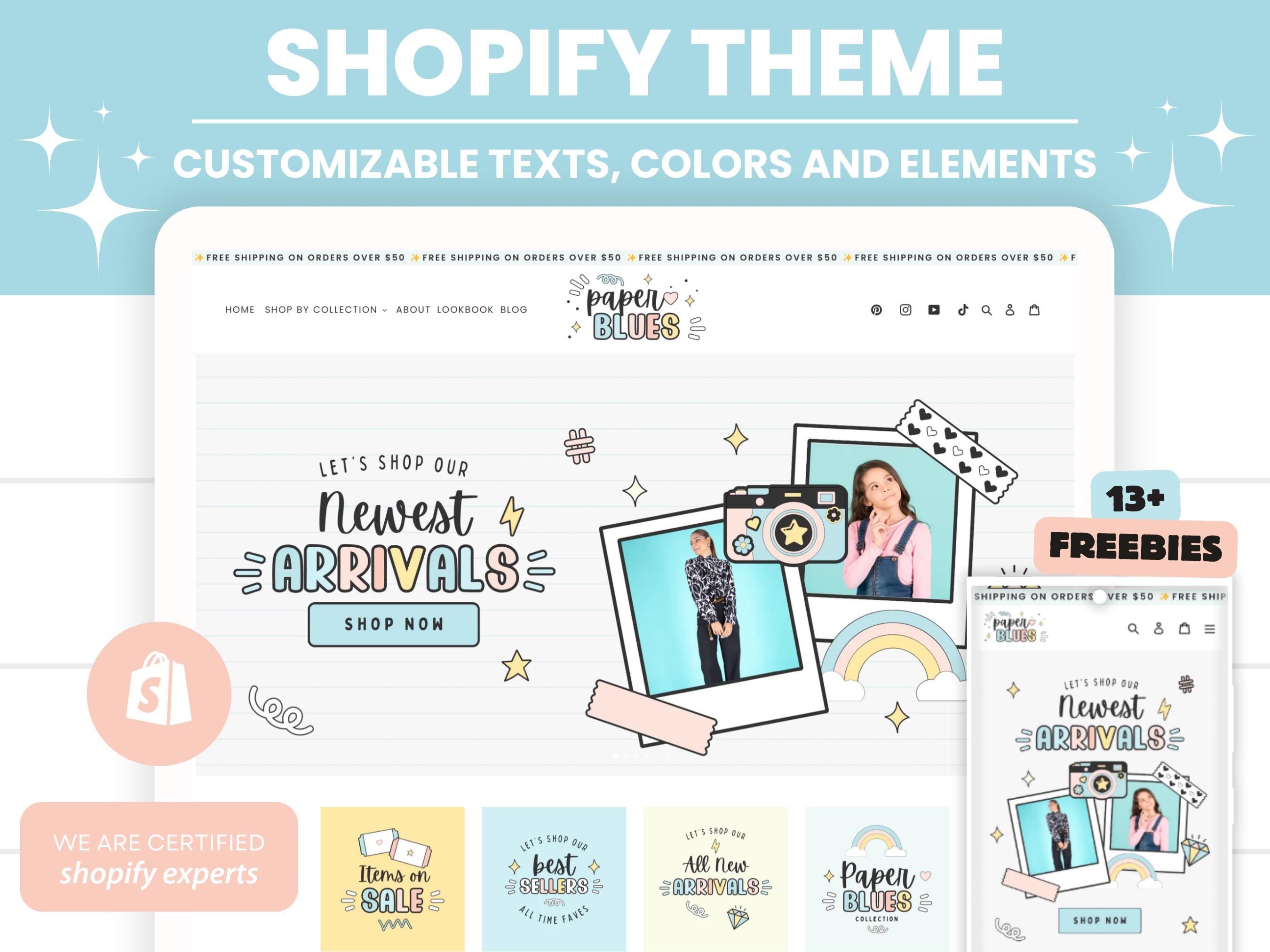 Modello di tema Shopify bianco, tema Shopify Boutique pastello con banner Canva, sito web neutro, modello di banner Shopify con Shopify Planner