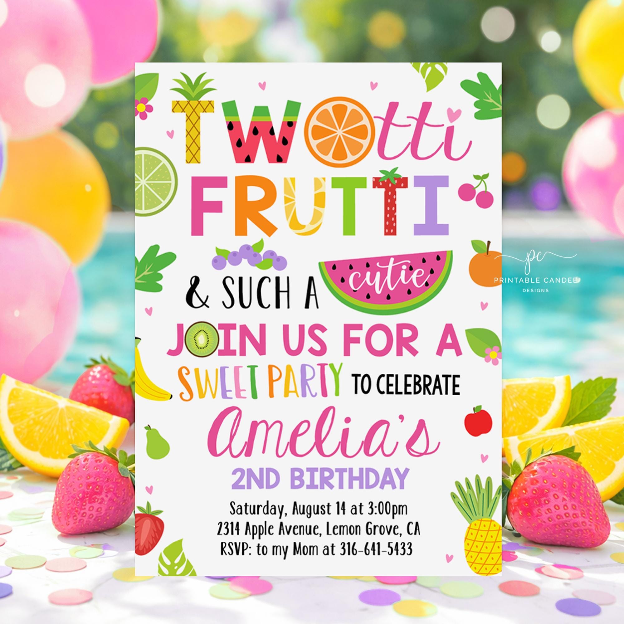 Invito per il secondo compleanno di TWOtti Frutti, modello di invito estivo tropicale fruttato Twotti, festa di frutta modificabile TFWT