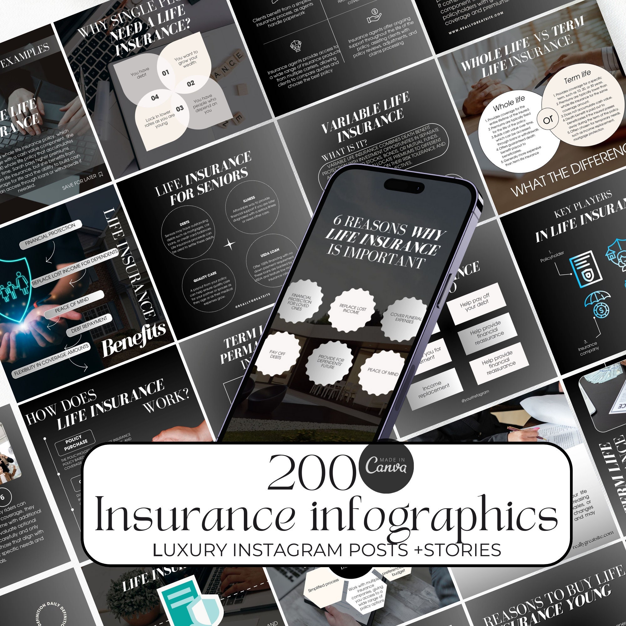 200 modelli Instagram per agenti assicurativi, post Instagram per assicurazioni sulla vita, modello Canva per broker assicurativi, infografiche assicu