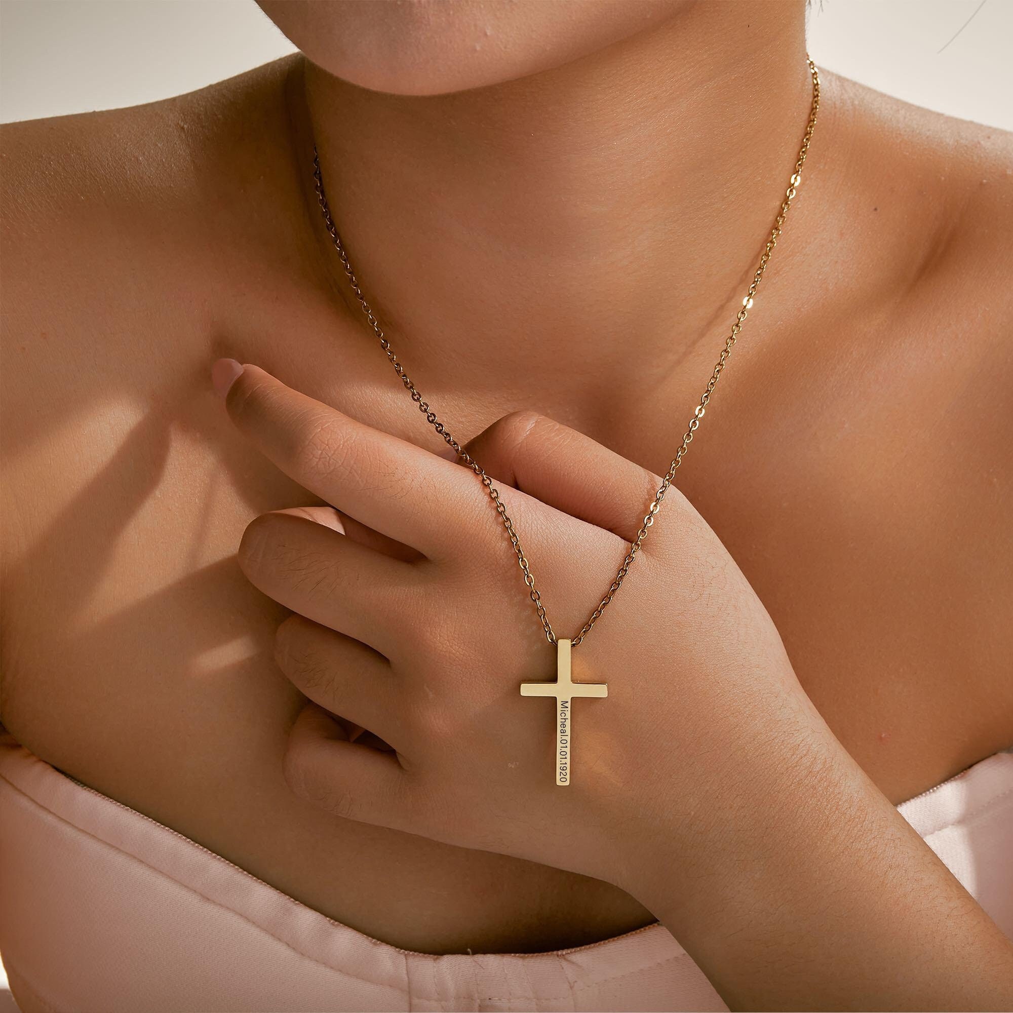 Collana con croce personalizzata, collana con croce in oro personalizzata, gioielli commemorativi, regalo per battesimo, collana cristiana cattolica,