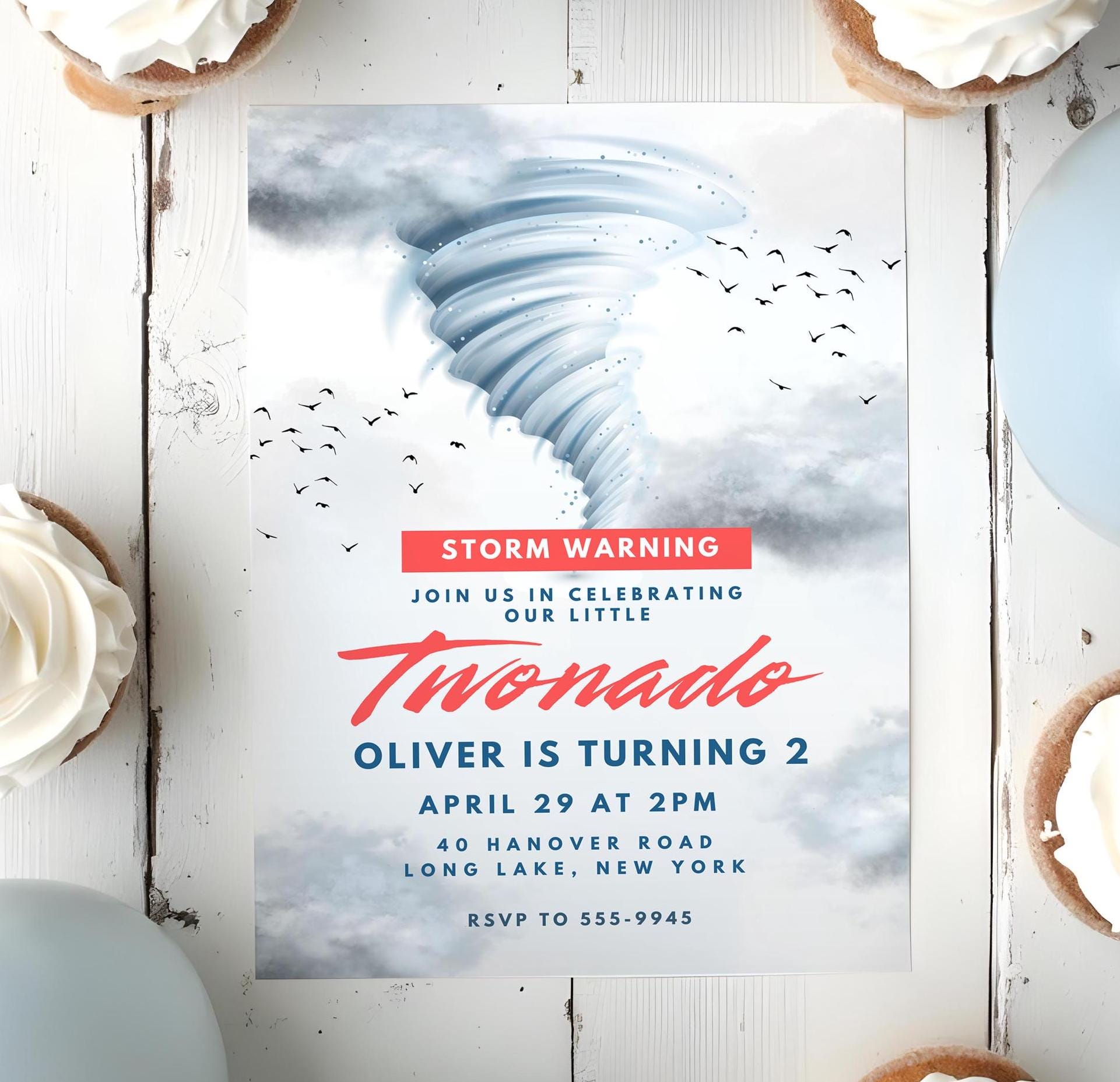 Invito di compleanno Two-nado: tema Storm Twister (modello Canva 5x7, download immediato)