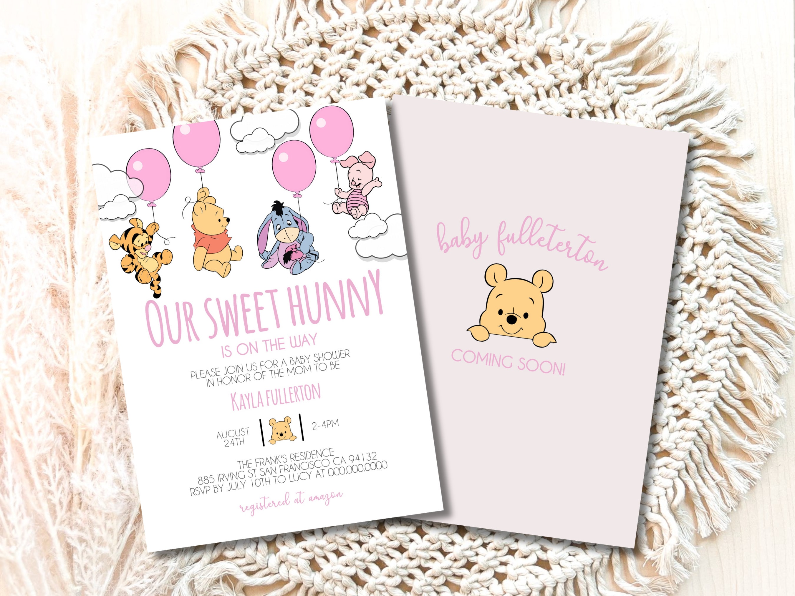 Invito per baby shower a tema Winnie the Pooh, invito per baby shower a tema Winnie the Pooh, decorazioni per baby shower a tema Little Hunny Pooh, ba