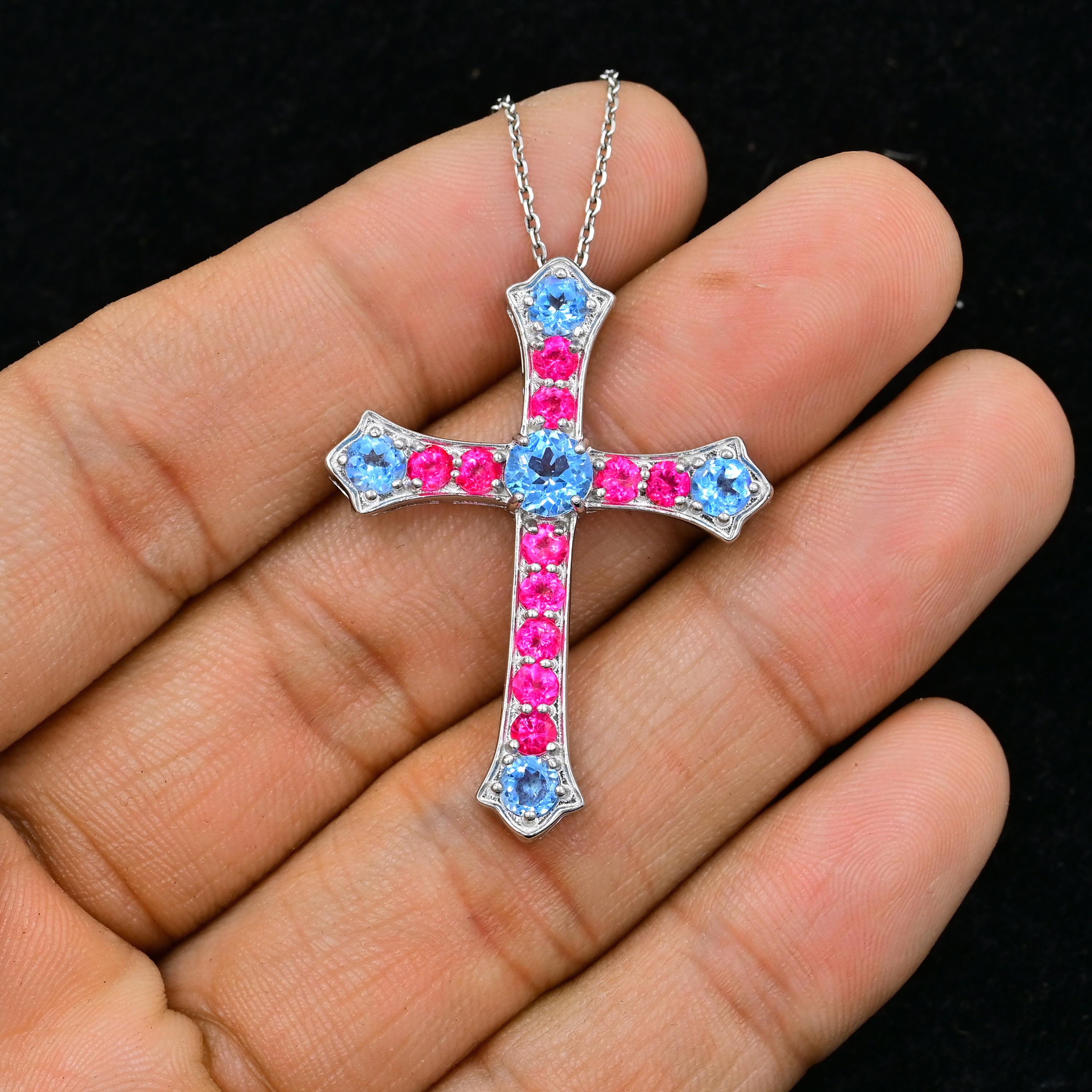 Ciondolo con croce celeste in topazio blu svizzero naturale, ciondolo in argento sterling massiccio 925, ciondolo con topazio rosa, ciondolo con pietr