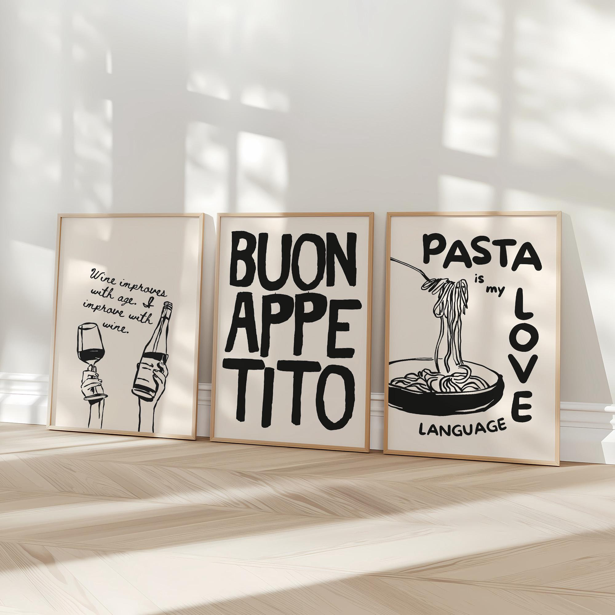 Set di stampe sulla pasta, set di 3 stampe da cucina, divertenti stampe murali sul cibo, poster sul vino, stampe retrò stampabili, stampe digitali neu