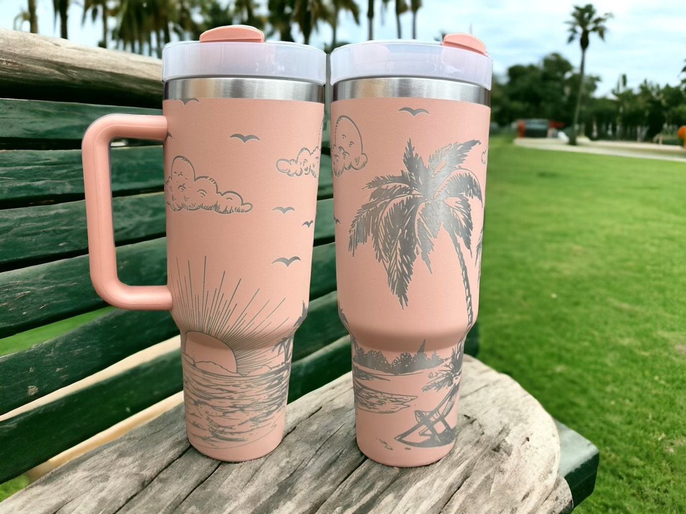 Bicchiere da spiaggia/bottiglia d'acqua da spiaggia/tazza da caffè a tema spiaggia/bicchiere a tema spiaggia con manico/bicchiere da 40 once per spiag