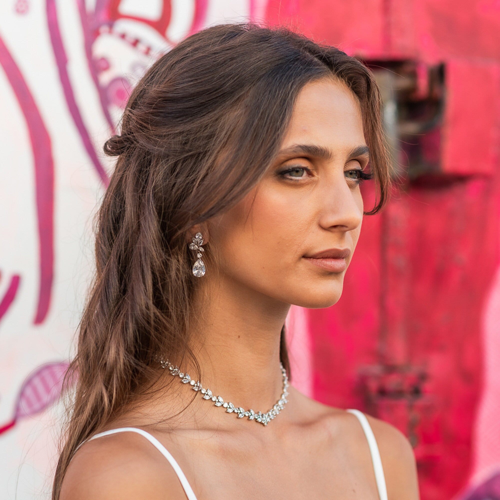 Set di collana di cristallo, gioielli da sposa in argento per la sposa, collana girocollo con foglie di zirconi, set di collana da sposa, catena giroc