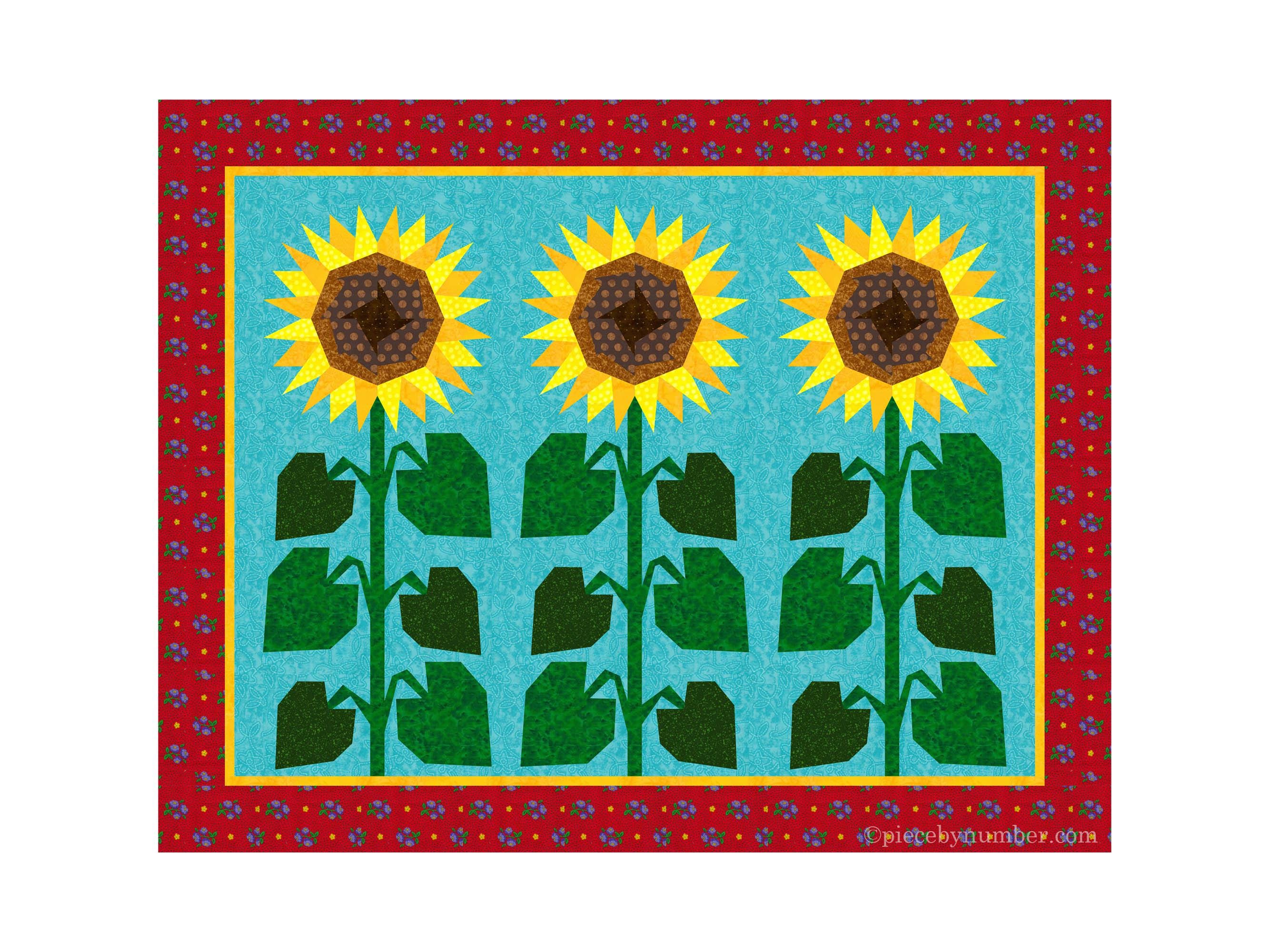 Modello per blocco di quilt a forma di girasole: realizzato con la tecnica del paper piecing, dimensioni 6 e 12 pollici, ridimensionabile (download in