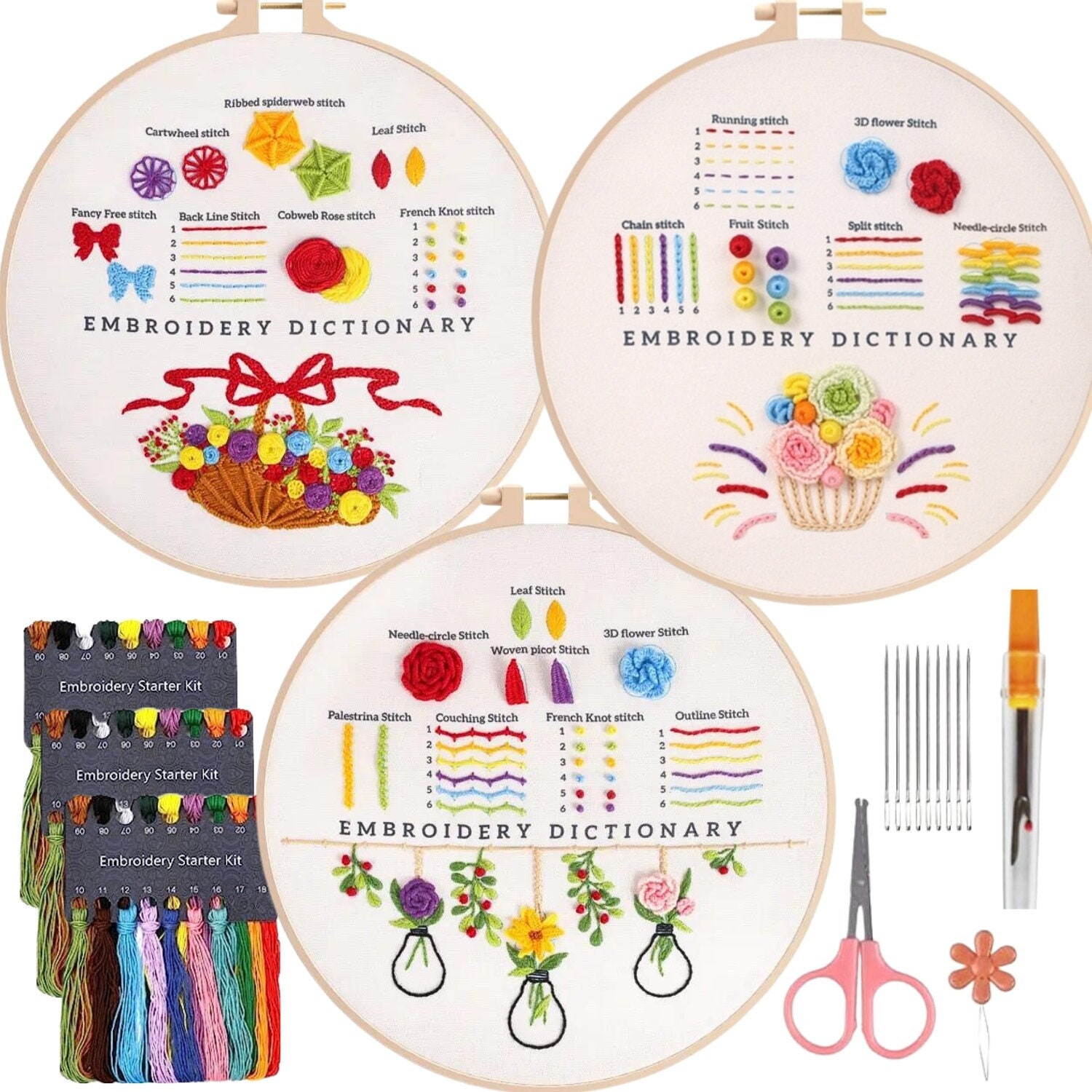 Kit da ricamo per principianti da 3 set, kit per principianti di ricamo, kit da ricamo moderno, impara a ricamare, kit da ricamo a mano, kit da ricamo