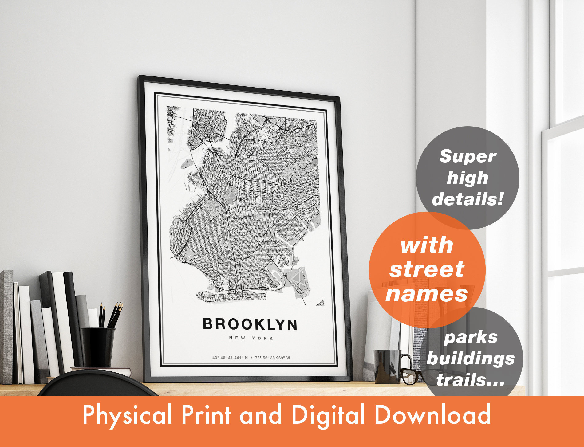 Stampa mappa di Brooklyn, Mappa di Brooklyn, Mappa della città, Regalo di stampa di Brooklyn, Mappa artistica, Mappa di Brooklyn New York, Poster di B