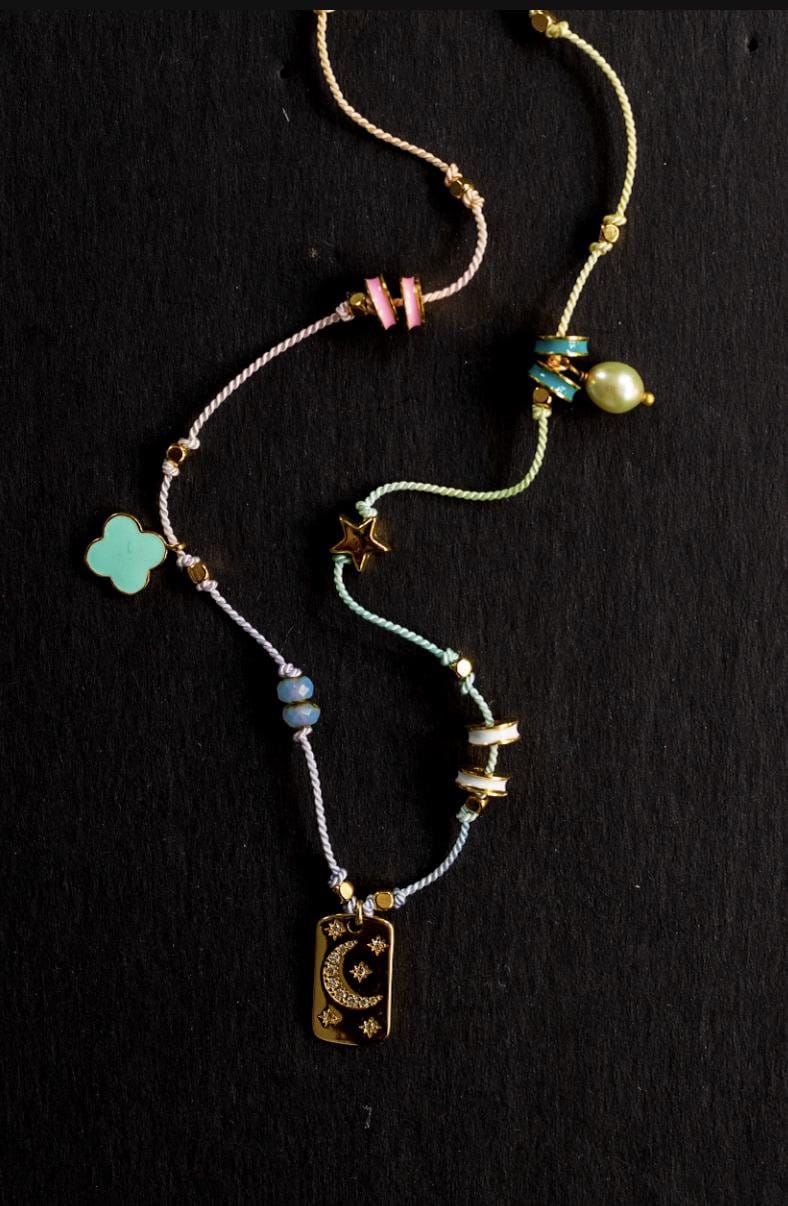 COLLANA CON CIONDOLO, Collana arcobaleno, Collana con ciondolo luna, Collana di perle, Collana con ciondolo trifoglio, Collana con ciondolo perle