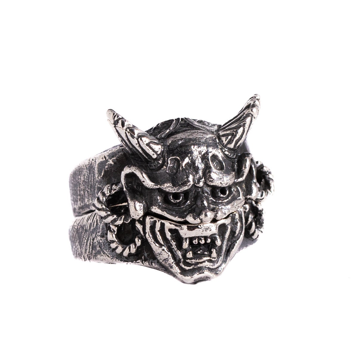 Anello con maschera Hannya in argento sterling, 2 anelli sovrapposti, maschera Oni giapponese, anello con maschera NOH, maschera demoniaca giapponese,