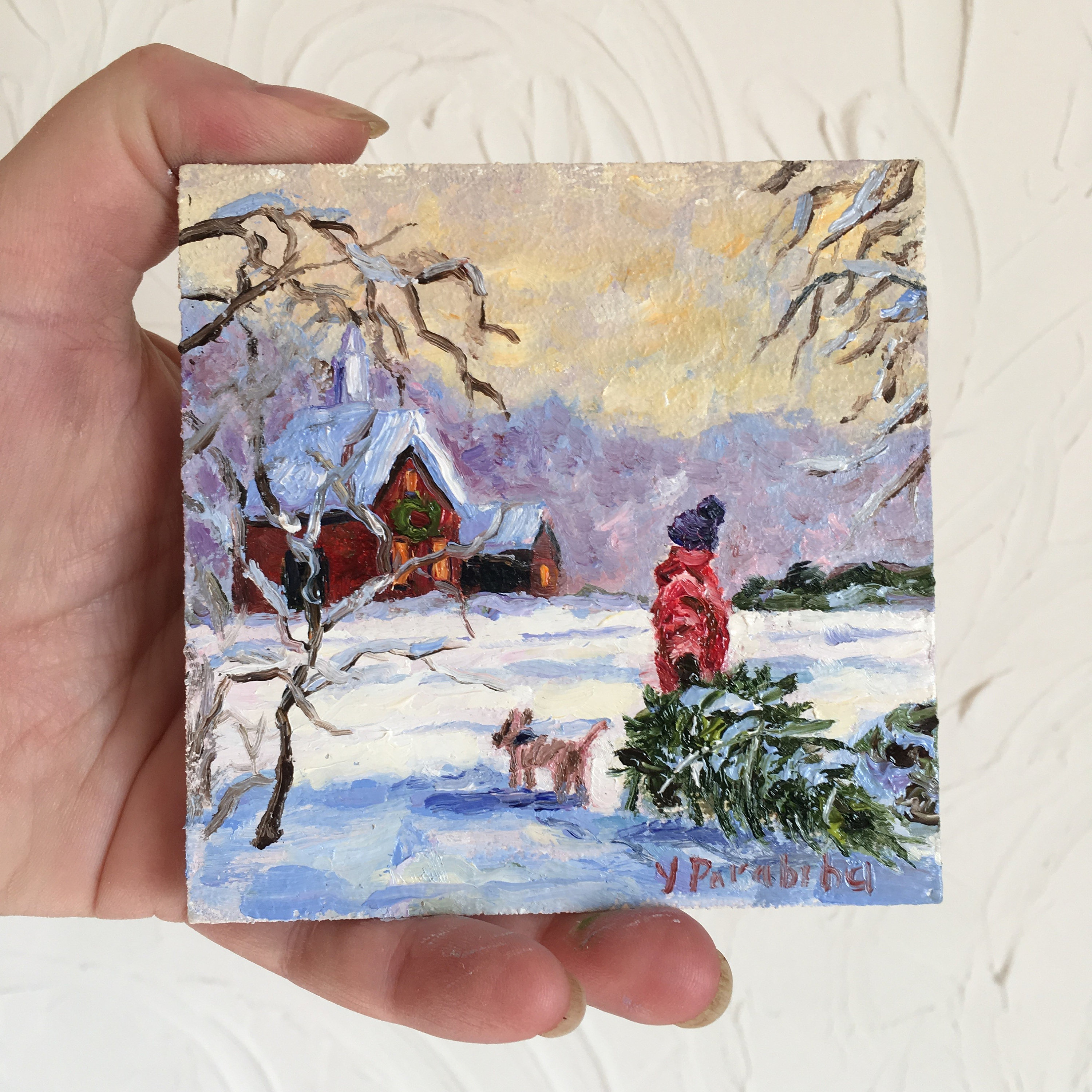 Piccolo dipinto a olio 4 x 4 pollici dipinto a olio invernale Scena di neve natalizia Scena invernale con bambini Arte Infanzia Neve Dipinto paesaggio