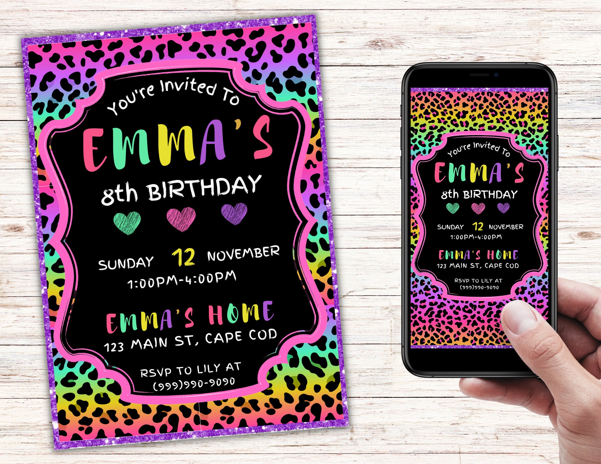 Invito di compleanno con ghepardo arcobaleno, invito con stampa leopardata arcobaleno, invito con stampa ghepardo, invito con stampa leopardata, invit