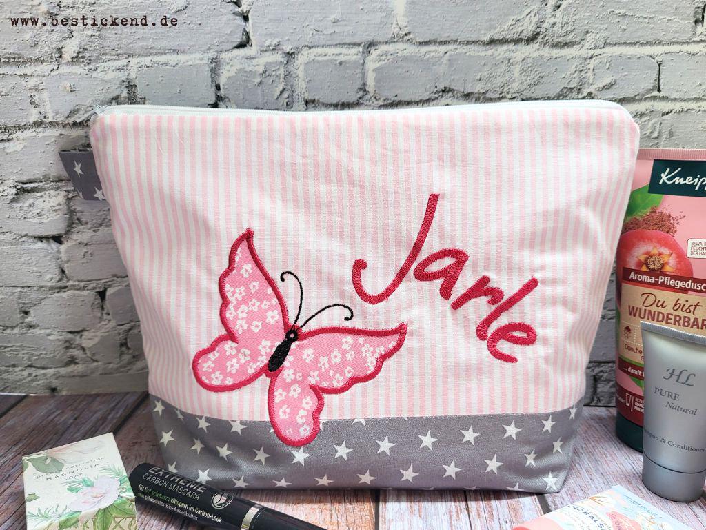 borsa ricamata FARFALLA + nome //grigio - rosa// borsa per pannolini borsa da toilette borsa per pannolini borsa per il lavaggio 20 caratteri borsa pe