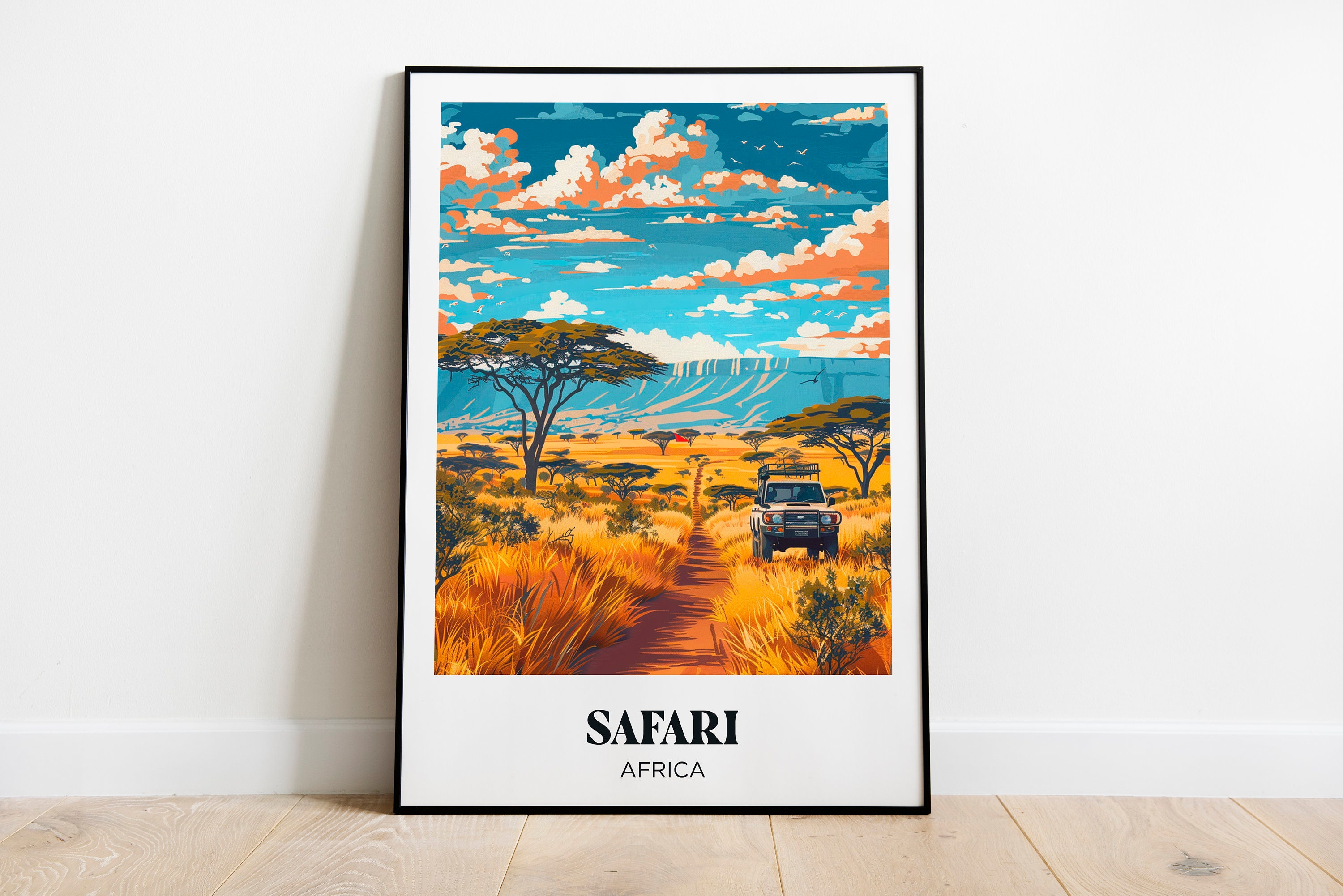 Poster di viaggio safari - Decorazione africana, savana africana e safari - Illustrazione di viaggio - Poster di viaggio in Africa - Poster di viaggio