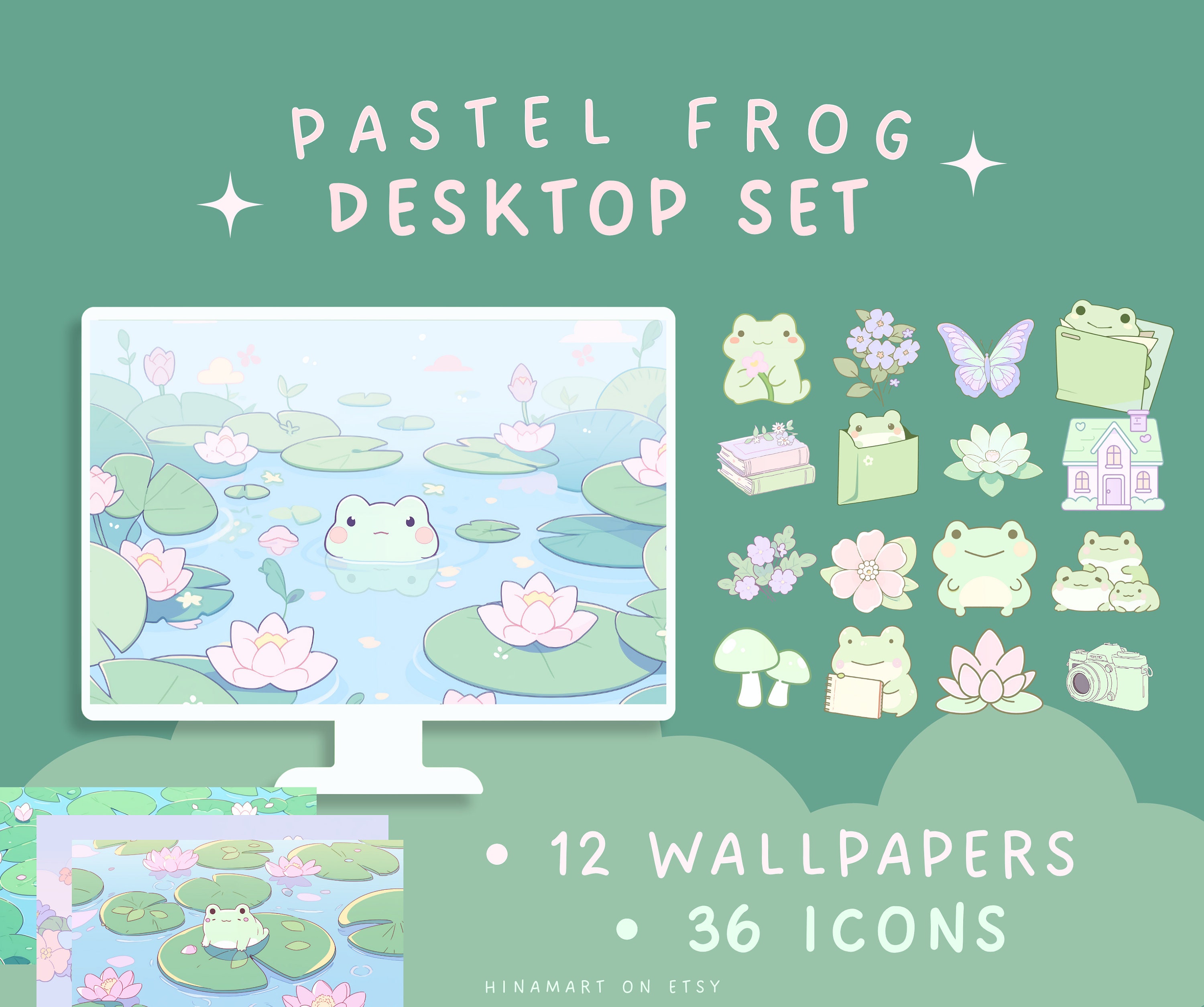 Simpatico set desktop rana pastello sfondi estetici icone organizer desktop rana cartelle icone windows mac pacchetto bundle desktop kawaii matcha