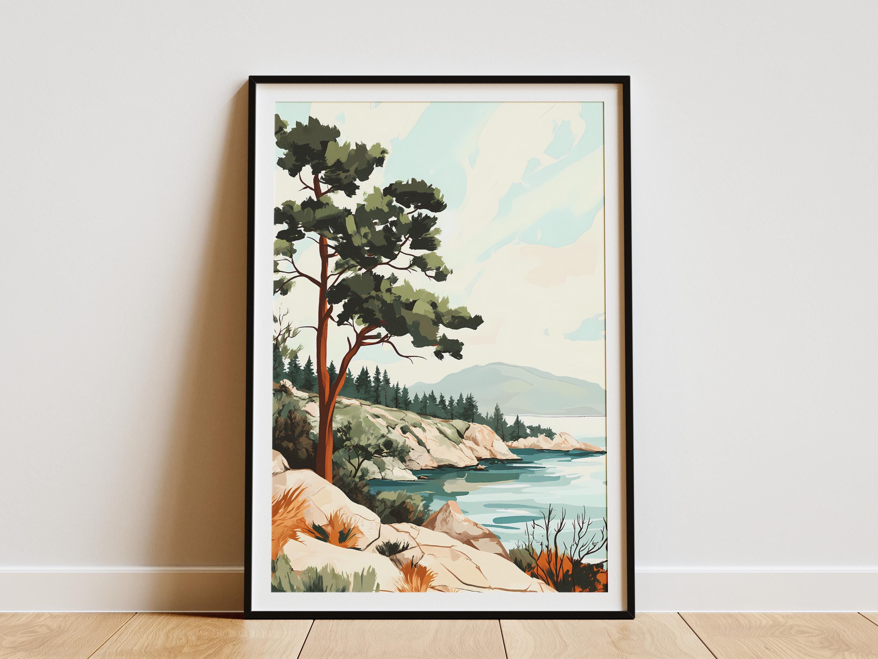 Poster di pino costiero, stampa artistica sulla natura, decorazione da parete moderna con paesaggio, vista sull'oceano, paesaggio marino, illustrazion