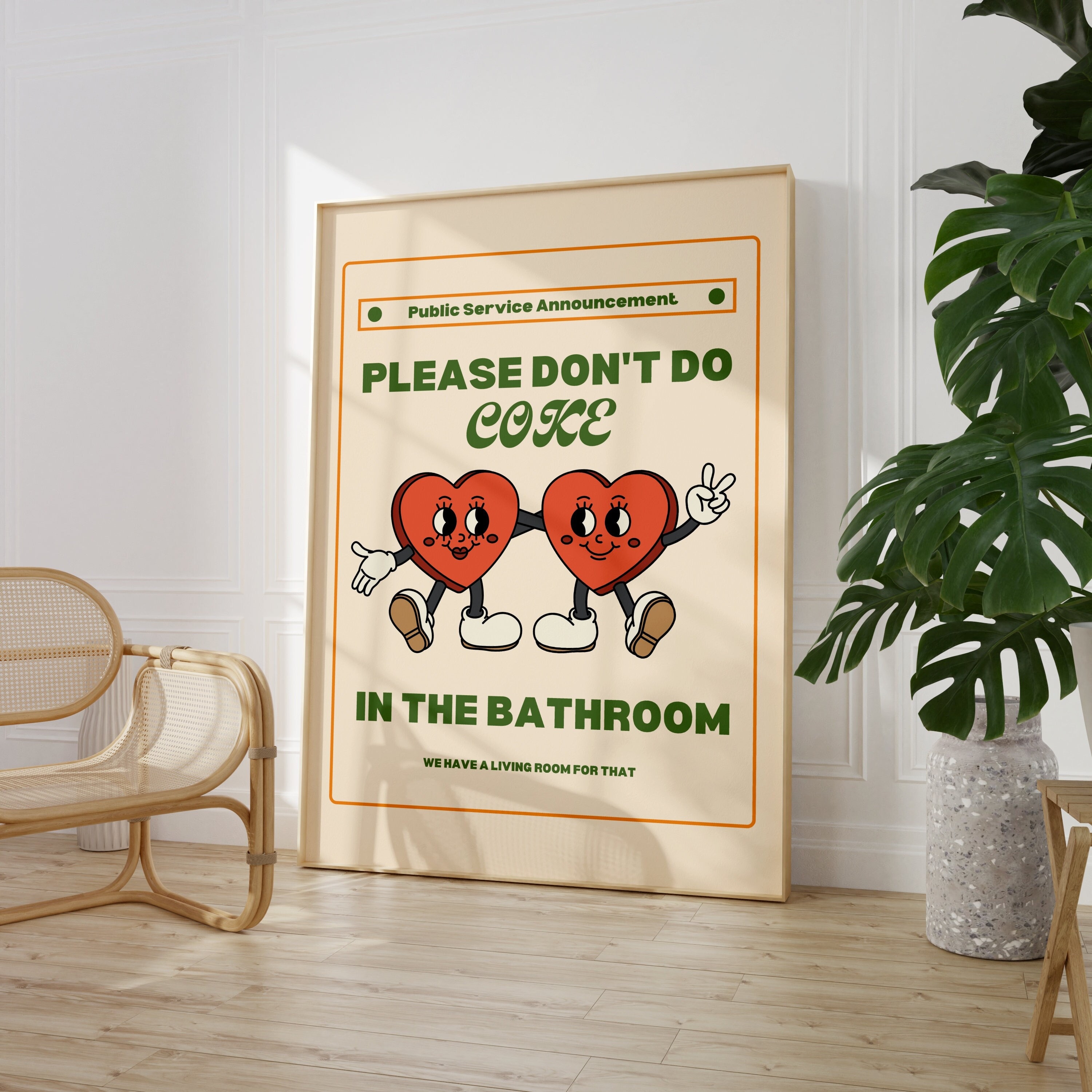 Per favore, non fare coca cola nel poster retrò del bagno * Stampa di cartoni animati funky verde * Divertente arte murale digitale per il bagno * Pos