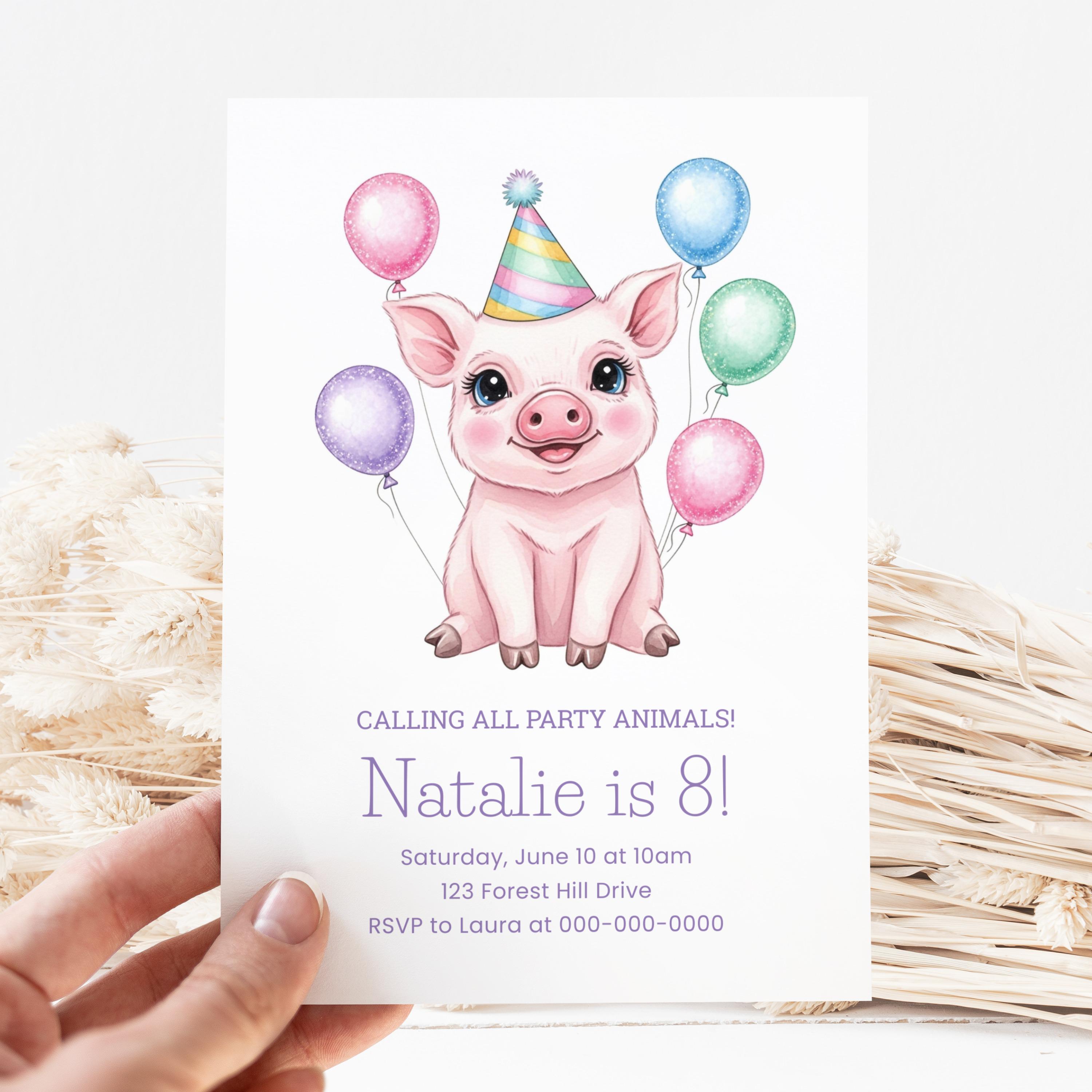 Modello Canva per invito alla festa di compleanno a tema maialino, invito di compleanno a tema animale carino, invito digitale modificabile, invito al