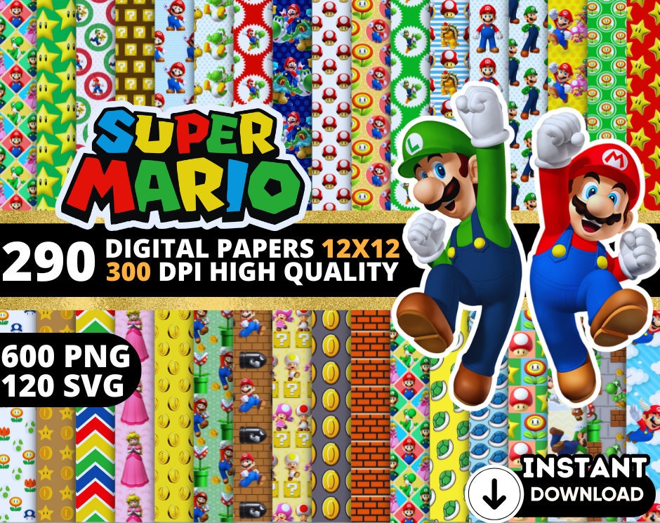 Documenti digitali di Super Mario, Sfondi di Super Mario, Sfondi di Super Mario, Super Mario Clipart Png Svg Bundle, Modello senza cuciture di Super M