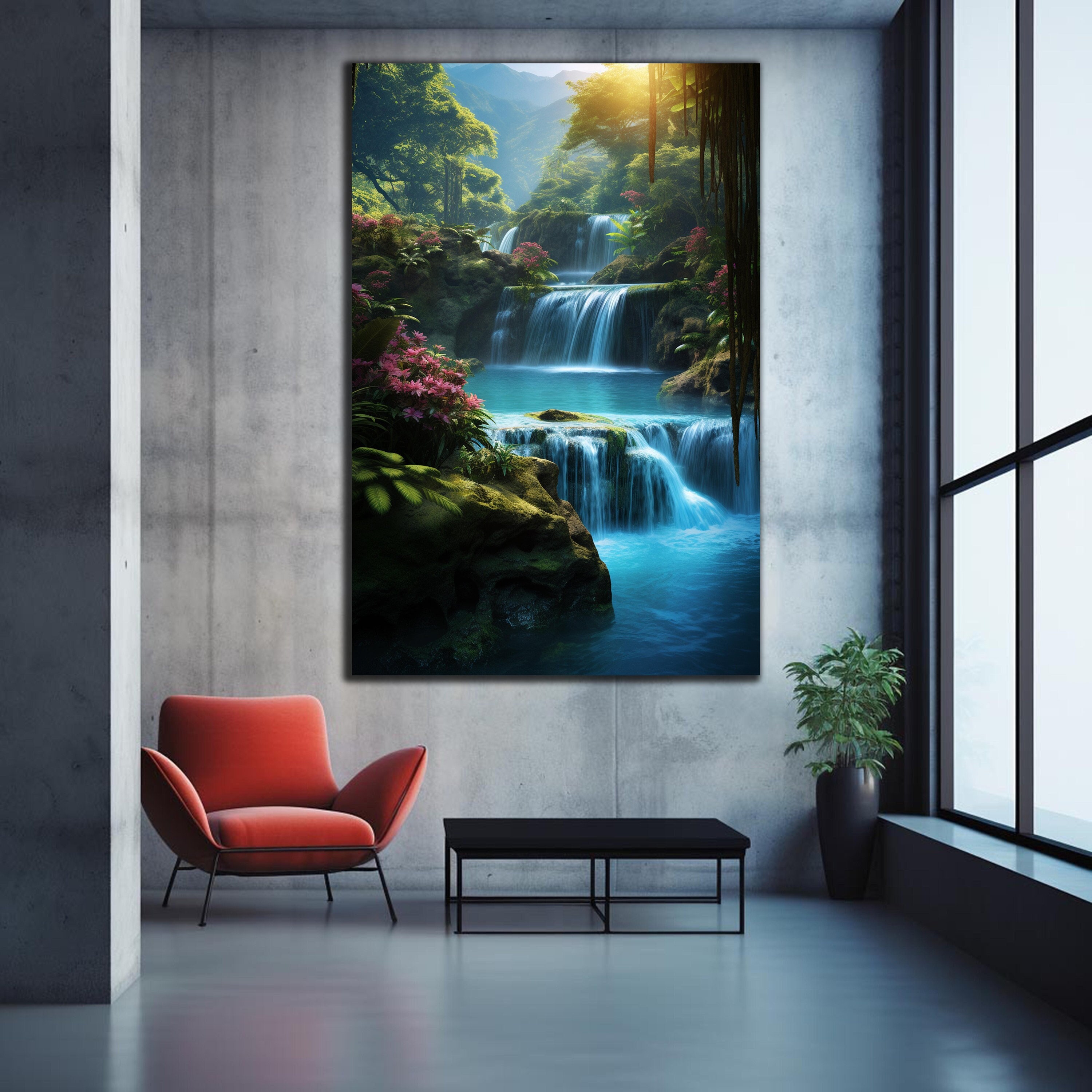 Arte murale a cascata, arte murale in vetro temperato, stampa su vetro, grande arte murale in vetro, arte moderna in vetro, arazzi, arte murale paesag