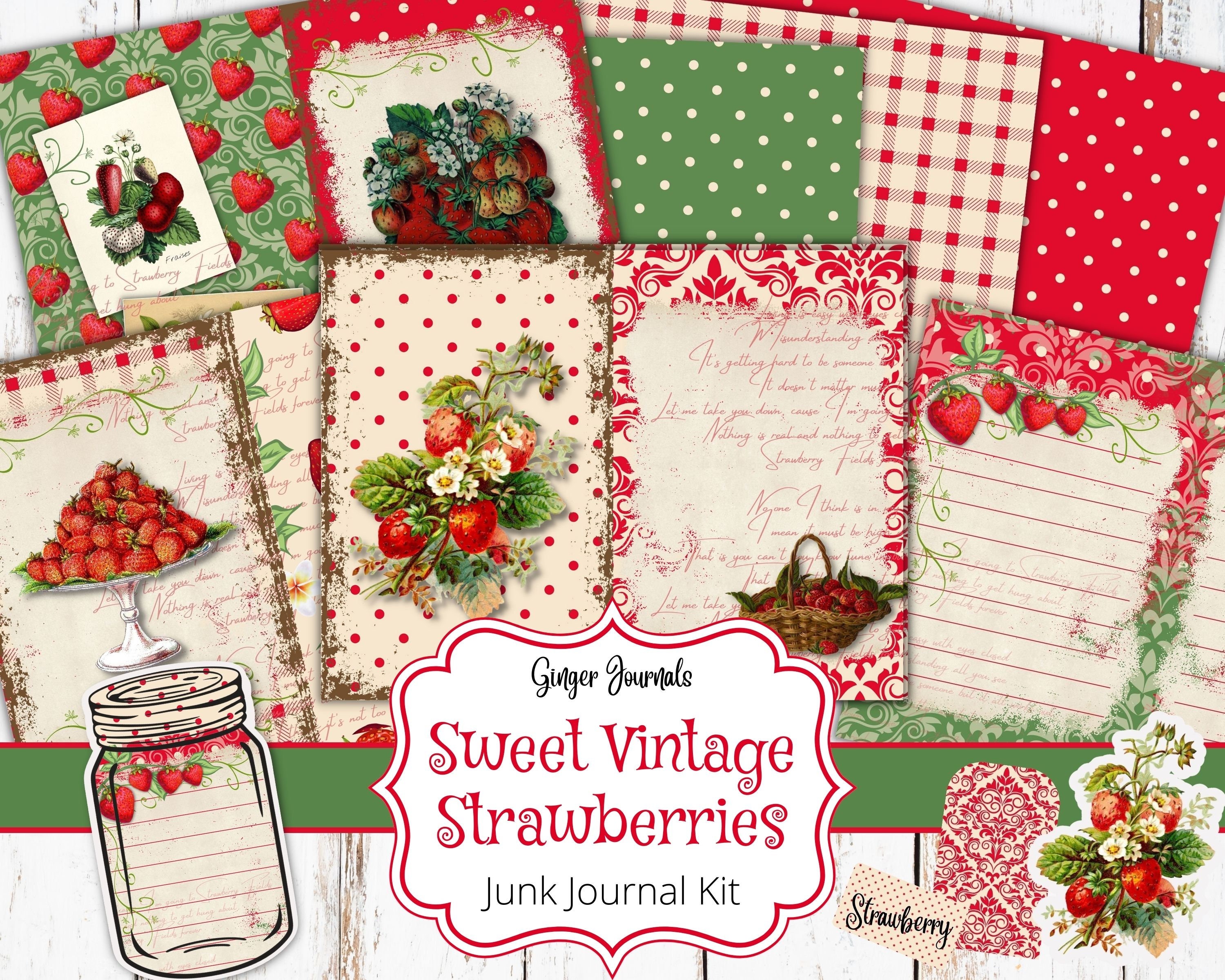 Kit per diario spazzatura alla fragola, diario spazzatura stampabile, carta per diario spazzatura, download digitale, effimeri, diario spazzatura esti