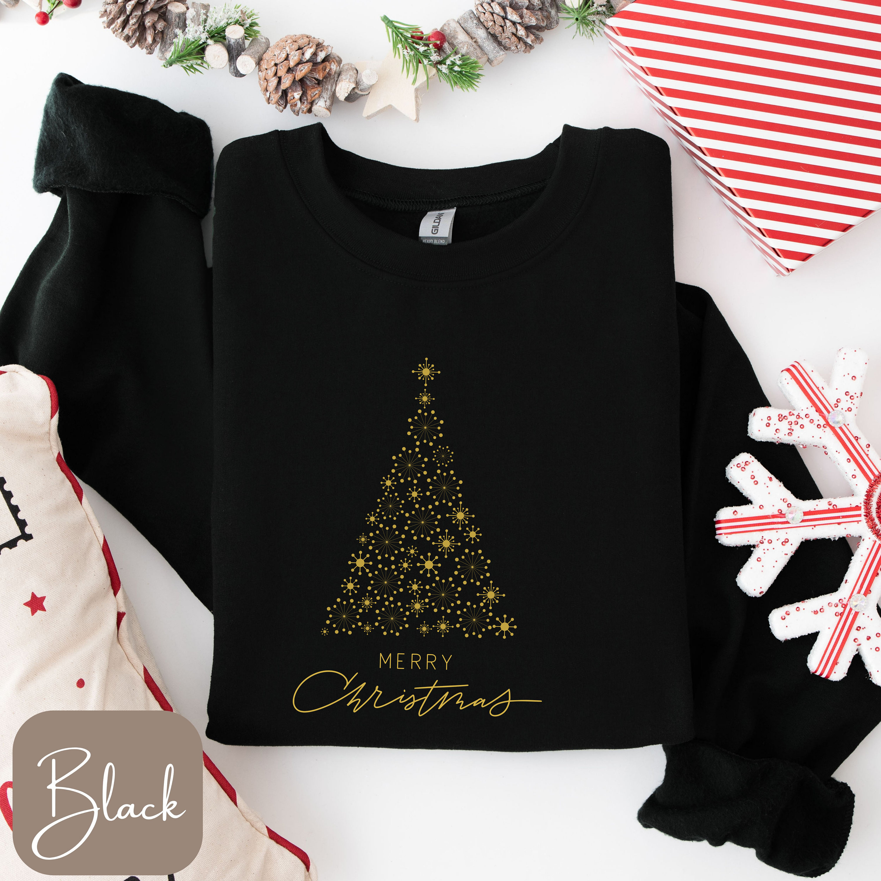 Felpa con albero di Natale dorato, maglietta, maglietta a maniche lunghe, maglietta natalizia luminosa, maglietta con albero di Natale, felpa natalizi
