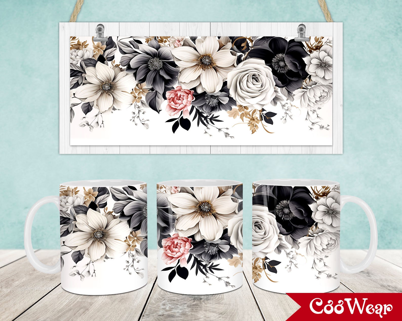 Involucro tazza con fiore bianco nero, modello tazza da 11 once e 15 once, png floreale tazza da 11 once, png tazza da 15 once, disegni di tazze, tazz