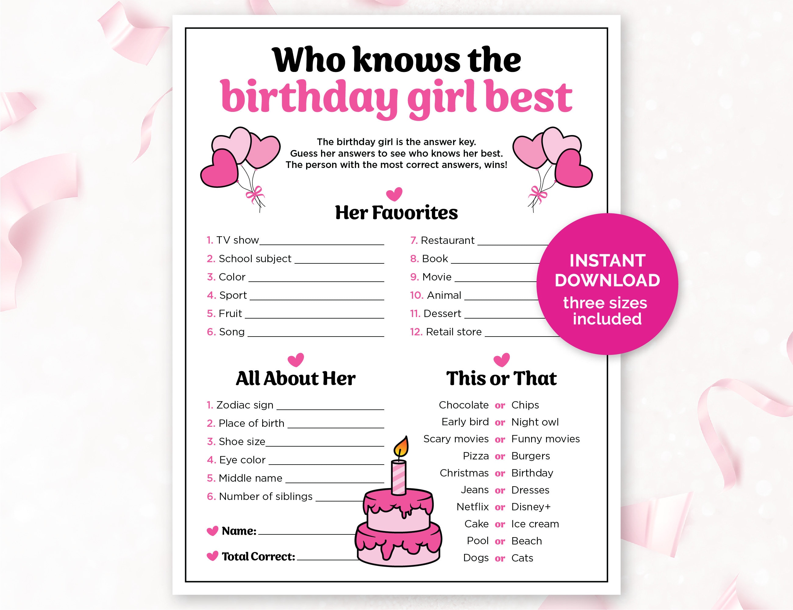Chi conosce meglio la festeggiata, gioco a quiz stampabile per festeggiata, Quanto conosci la festeggiata, gioco per feste di compleanno per ragazze