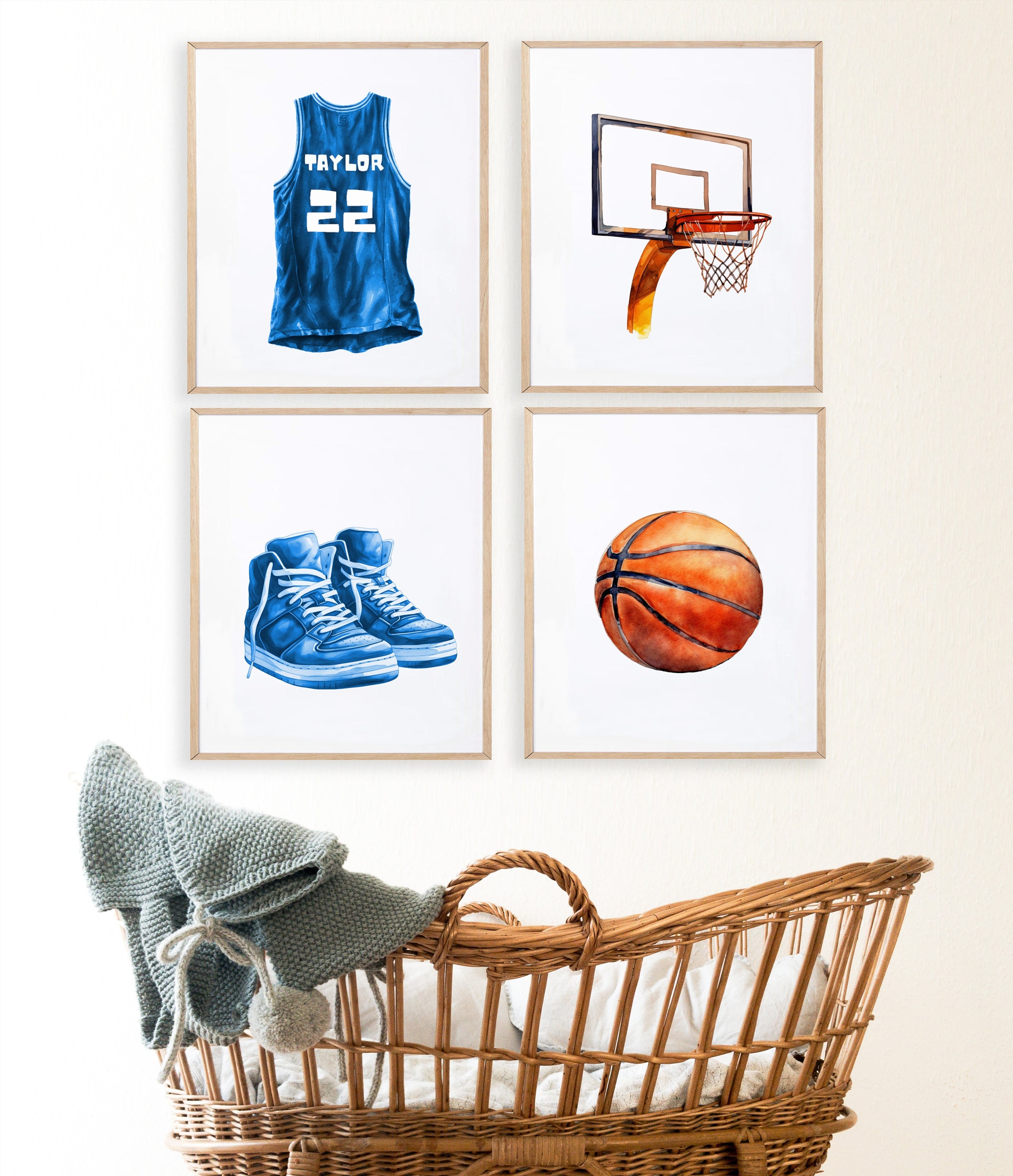 Set di stampe artistiche personalizzate per la cameretta dei bambini con tema basket, canestro e palla, decorazioni per la cameretta dei bambini, uffi