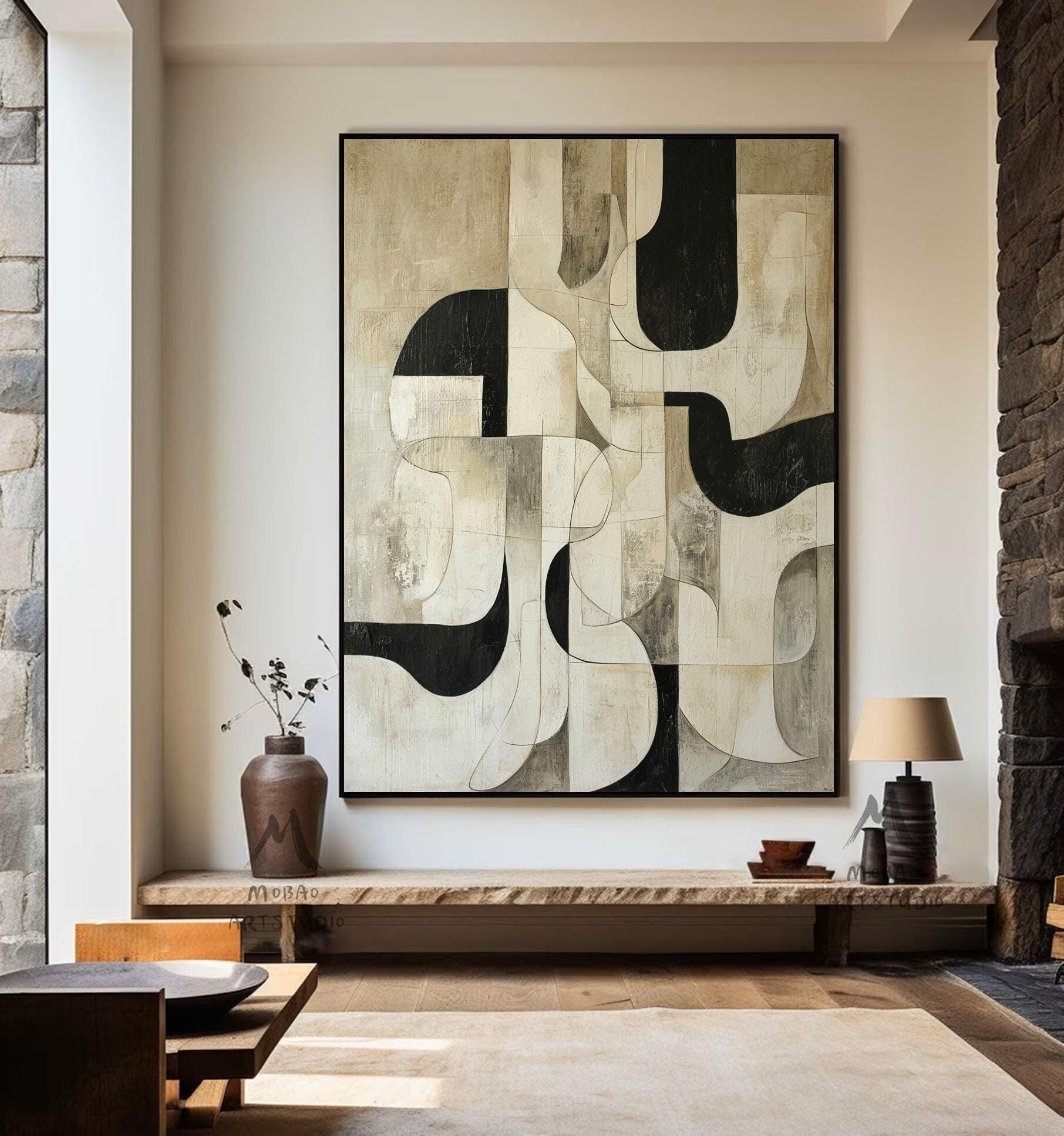 Wabi Sabi Wall Art Beige Textured Canvas Painting Black Wall Art Beige Abstract Painting Large Neutral Minimalist Art Neutral Wall Decor