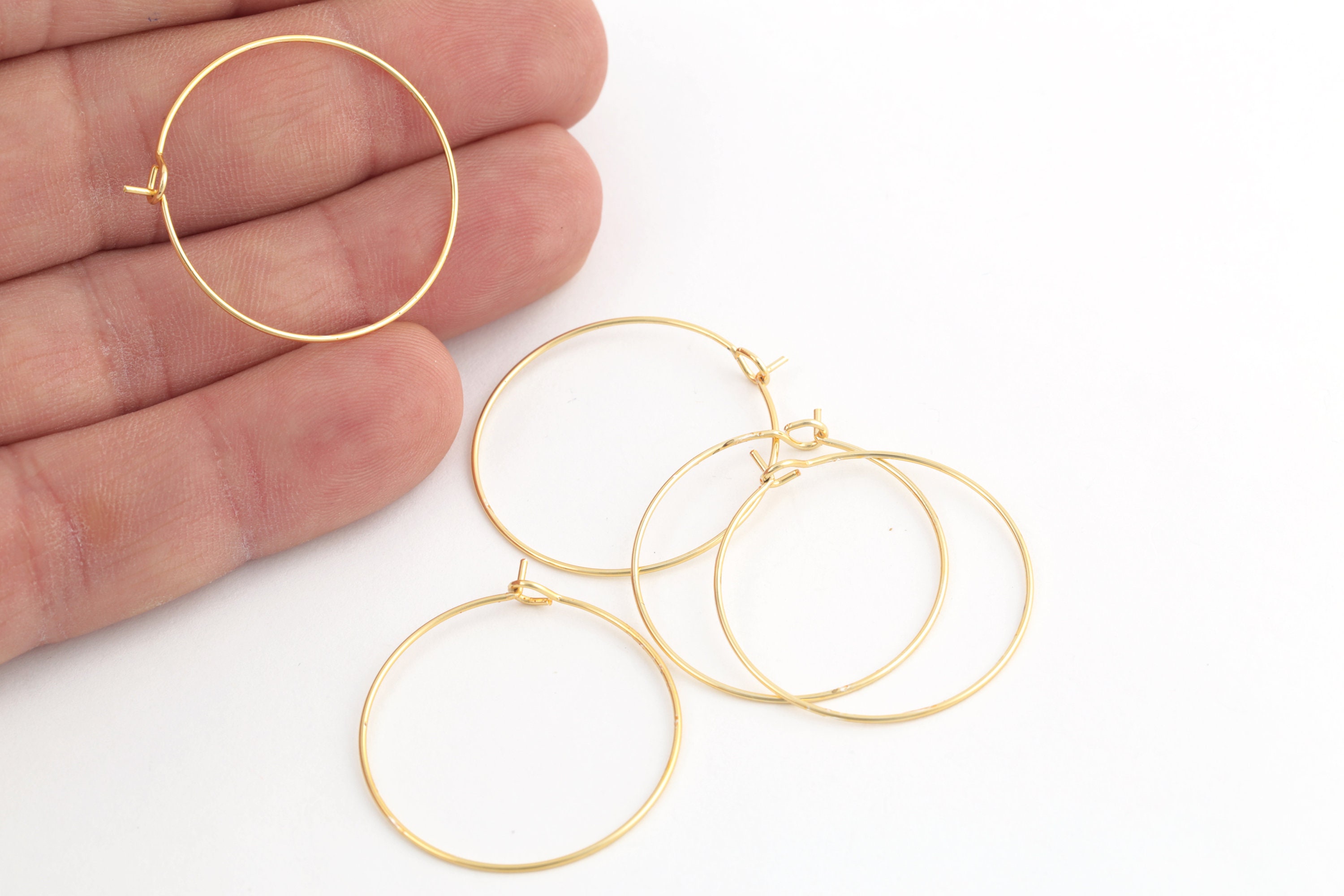 Cerchi per orecchini placcati in oro 24k 30mm, orecchini circolari, orecchini placcati in oro, filo per le orecchie, produzione di gioielli, 6 pezzi