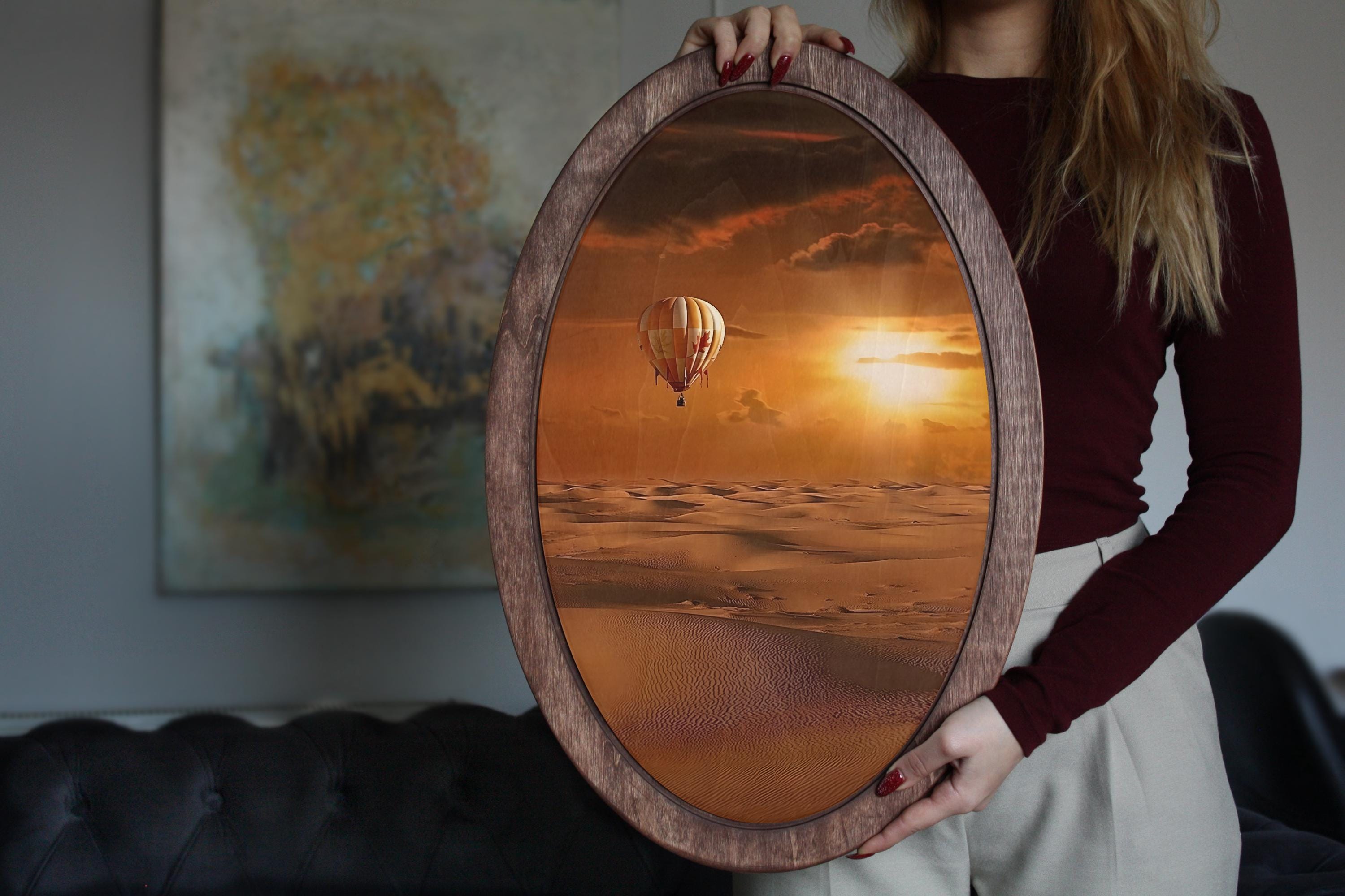 Quadro con mongolfiera nel deserto, regalo per la casa, quadro su legno, targa da parete, quadro con mongolfiera, targa da parete in legno, quadro ova