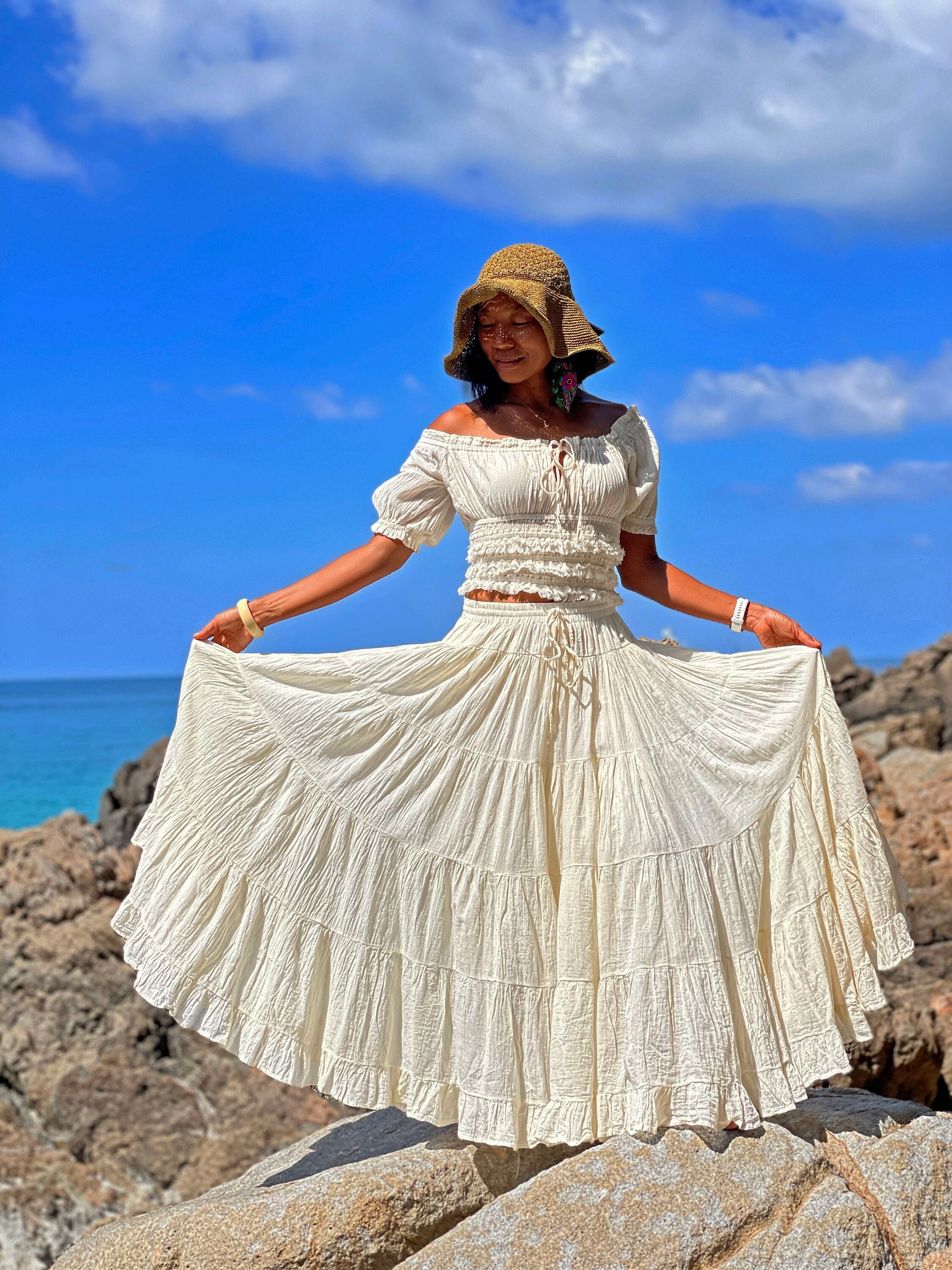 Gonna lunga a strati in stile boho, gonna lunga bianco sporco, gonna estiva in cotone, gonna boho da donna, gonna lunga estiva, gonna lunga boho / spe