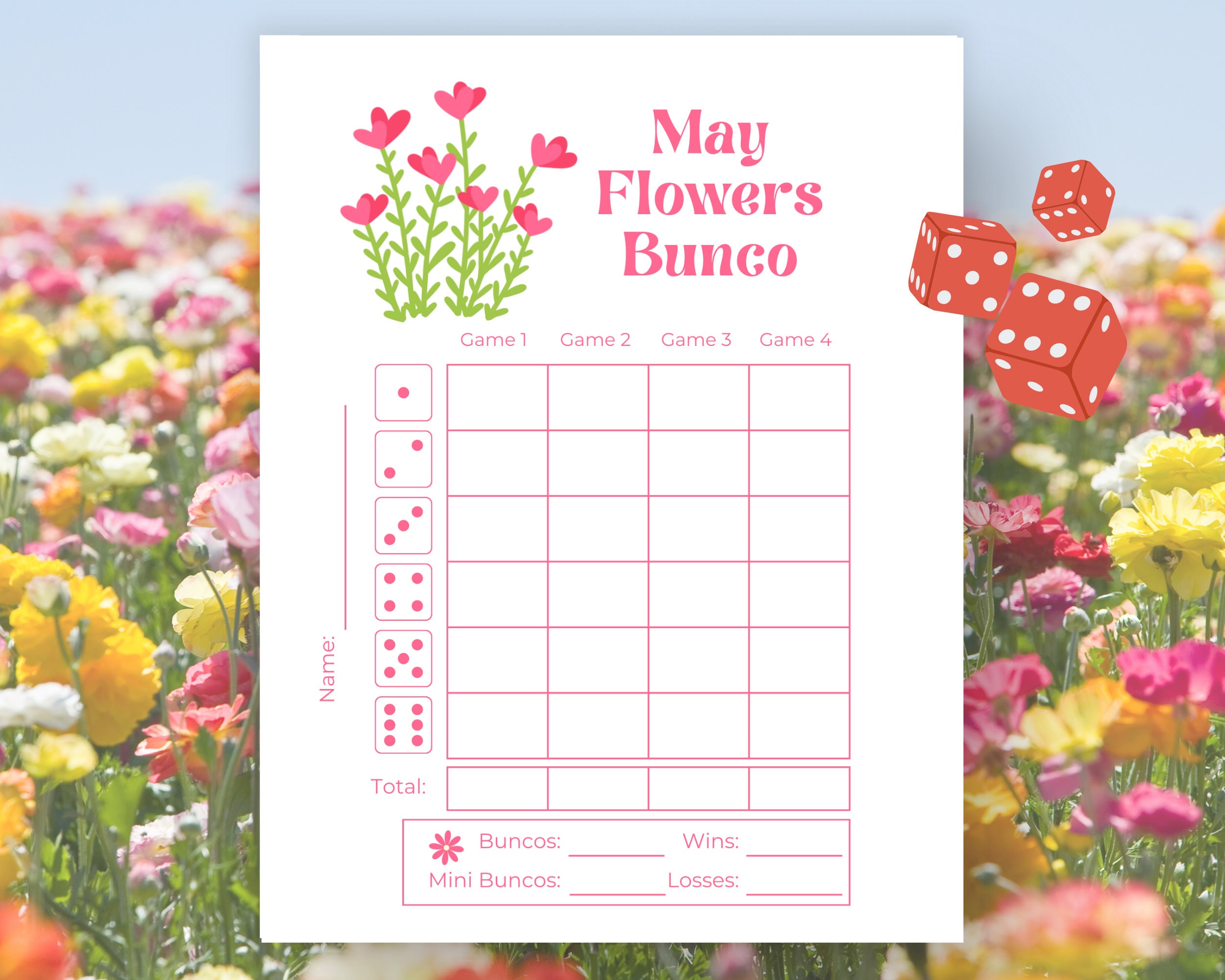 Fogli segnapunti del Bunco di May Flowers, Fogli del Bunco di May, Gioco del Bunco di primavera, Carte del Bunco Babe, Festa del Bunco di May, Dadi de