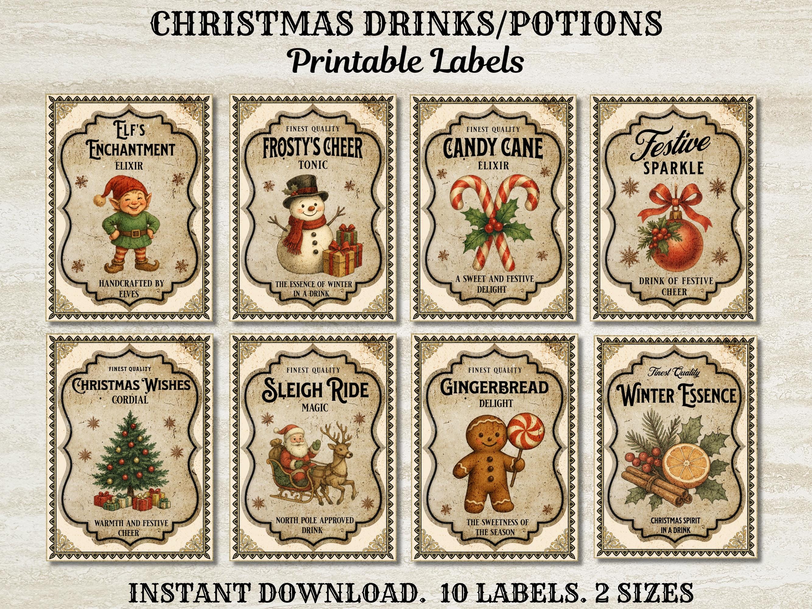 Etichette per bottiglie di Natale stampabili, etichette digitali per pozioni natalizie, etichette per bottiglie di vino natalizie, bevande da farmacia