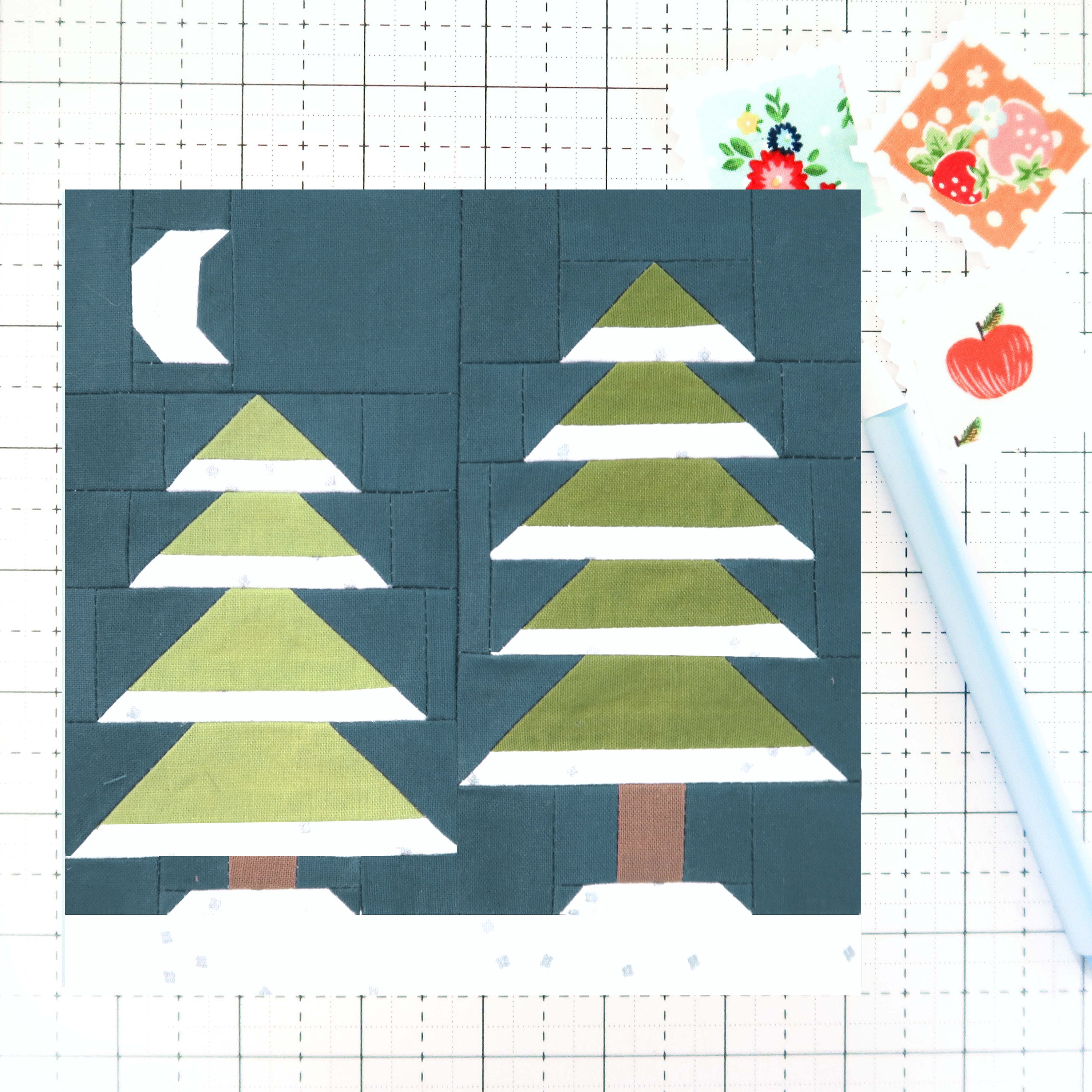 Modello PDF Winter Night Woodland Forest Trees Quilt Block - Include istruzioni per blocchi finiti da 6 pollici, 12 pollici, 18 pollici e 24 pollici